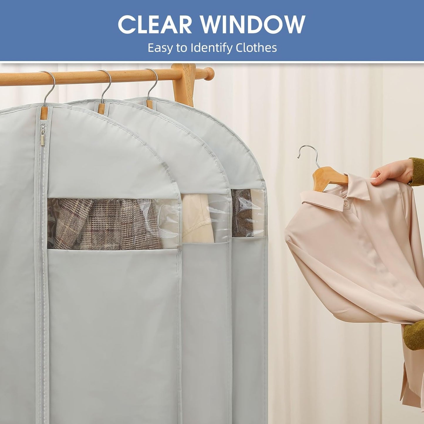 50" Garment Bag, Mens Suit Bags for Closet Storage and Travel, Garment Bags for Hanging Clothes, Foldable Suit Cover Bags with Clear Window for Coats, Jackets, Dresses - Gray/ 5 Packs