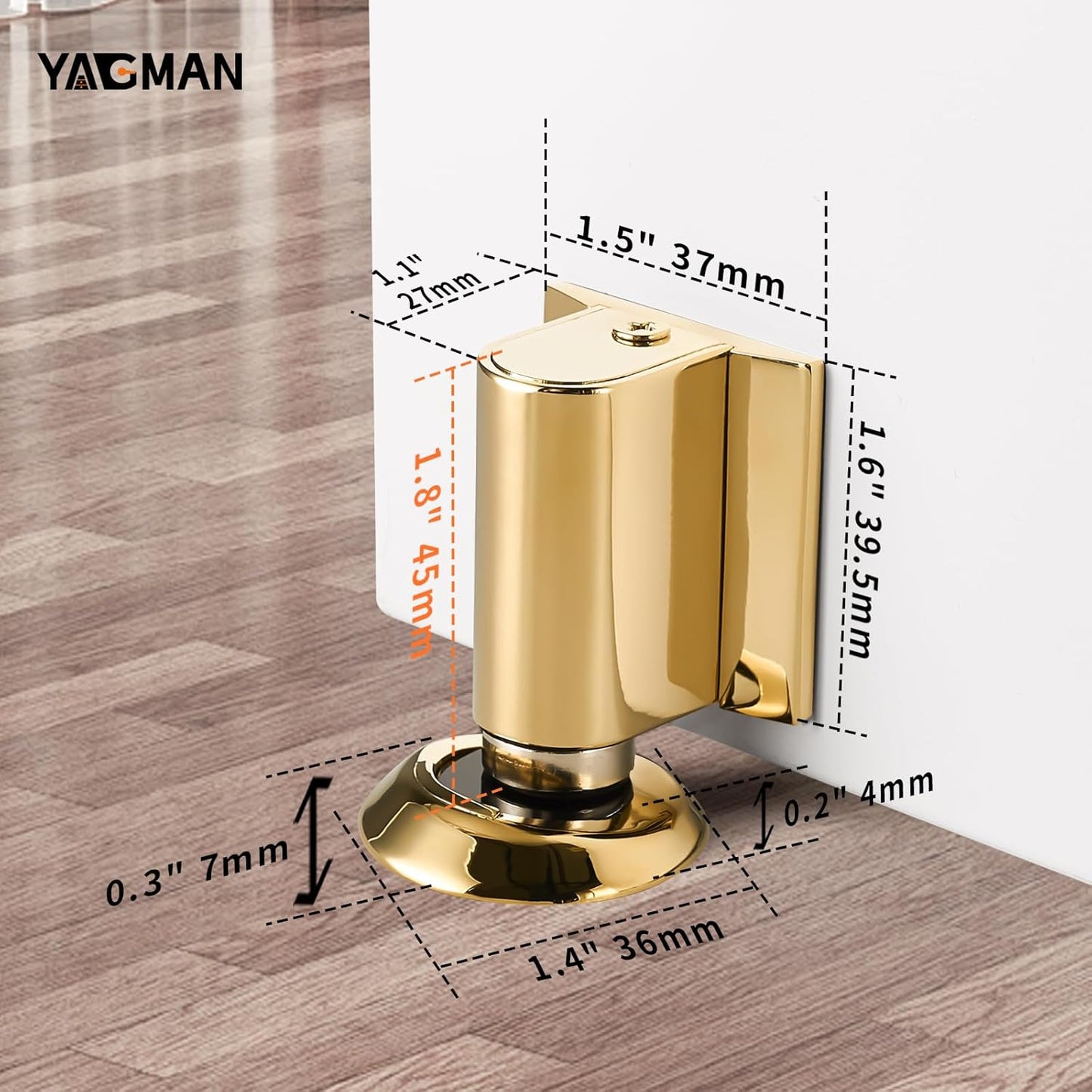1 Pack Magnetic Door Stoppers Retractable Bottom of Door Holder No Drilling Mount Floor Door Stop with Screws and Adhesive Catch Door Keep Door Open Polished Gold PG-1