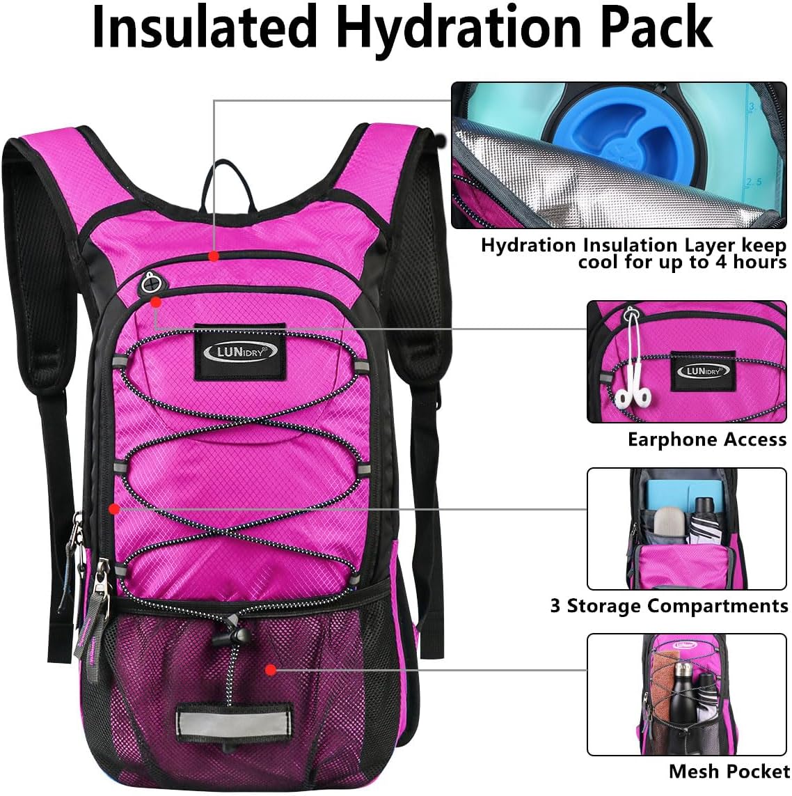 Insulated Hydration Pack Backpack with 3L BPA Free Leak-Proof Water Bladder, Keep Liquids Cool for Up to 5 Hours, Daypack for Hiking, Running, Cycling, Hunting, Climbing