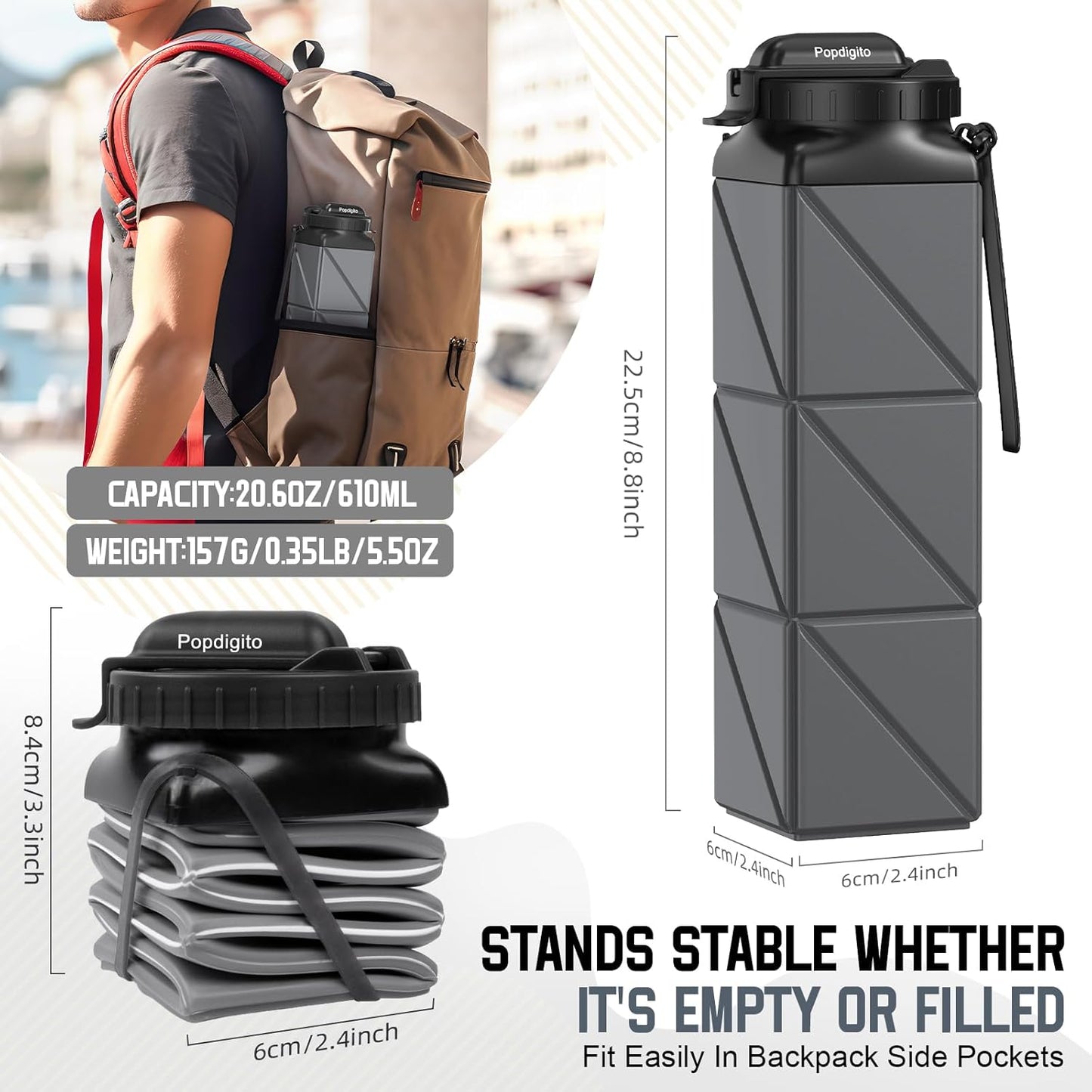 Collapsible Water Bottles 20.6oz Foldable Water Bottle BPA Free Reusable Lightweight LeakProof Travel Silicone Water Bottles for Travel Gym Hiking Camping (Upgrade Dark Grey)