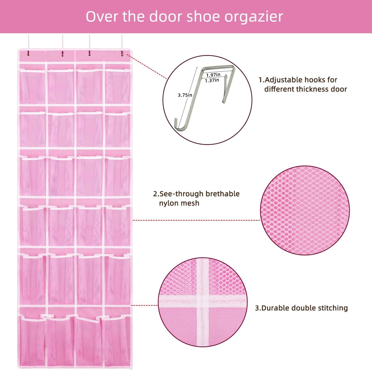 Hanging Shoe Organizer 2Pack, Over The Door Shoe Rack with 24 Mesh Pockets - Pink (2pack), Size: 58x21 Inch