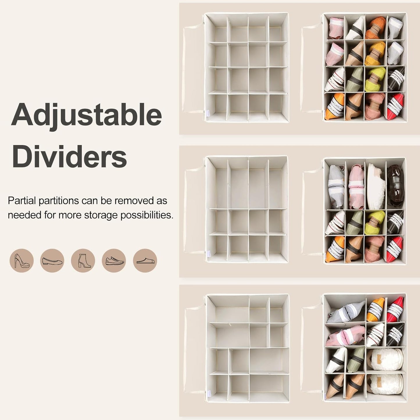 Shoe Organizer for Closet 2 Pack, Foldable Shoe Box with Adjustable Dividers and Clear Cover, Space Saving Shoe Storage Organizer Cabinet with Reinforced Handles, Fits 32 Pairs Beige TP12Y