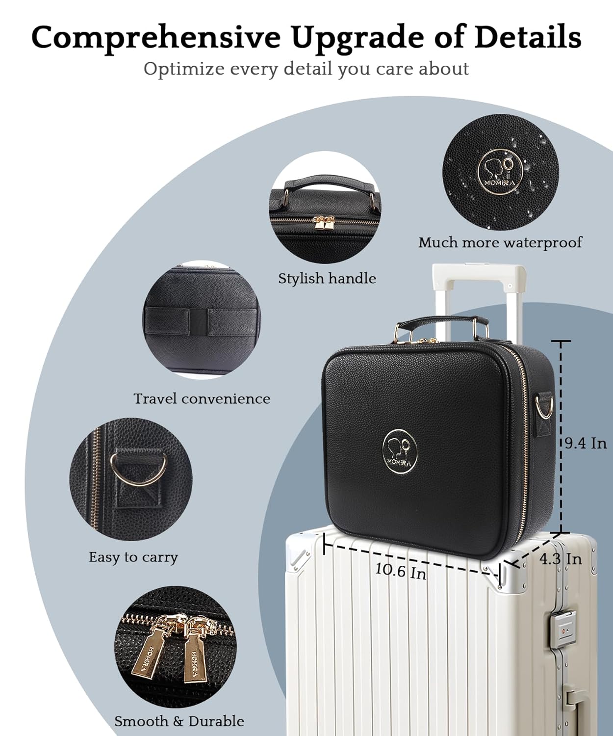 MOMIRA Travel Makeup Bag Cosmetic Bag with Lighted Mirror, Adjustable Brightness in 3 Color Scenarios/Detachable makeup mirror, All-round Upgrade, Waterproof, Gift for Women -Black