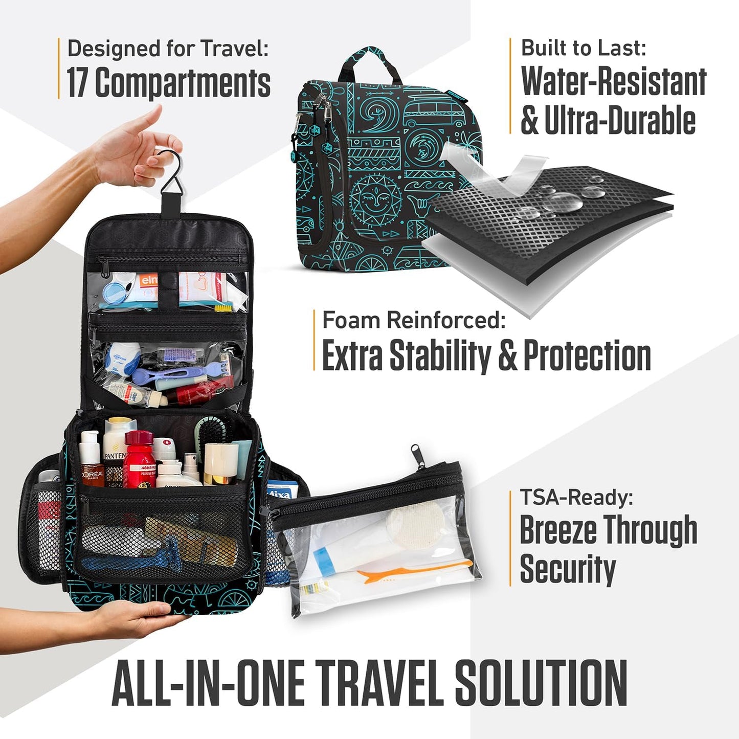 VENTURE 4TH Hanging Travel Toiletry Bag for Women & Men - Travel Organizer with Expandable Compartments & Removable Clear Pouch for Toiletries (Surfing Vibes)