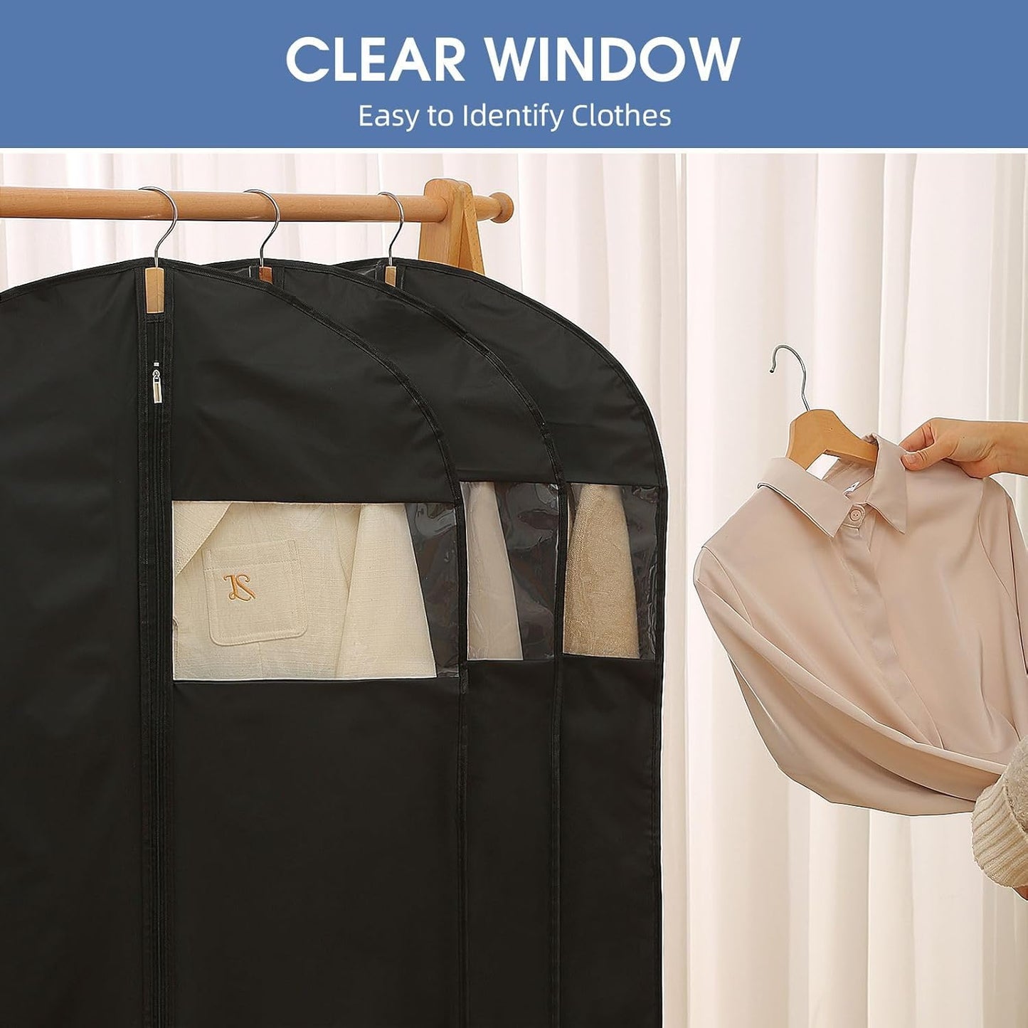 Garment Bags for Hanging Clothes, 50'' Long Dress Bags for Closet Storage, Black Garment Covers with Clear Window for Suits, Coats, Jackets（2 Packs）