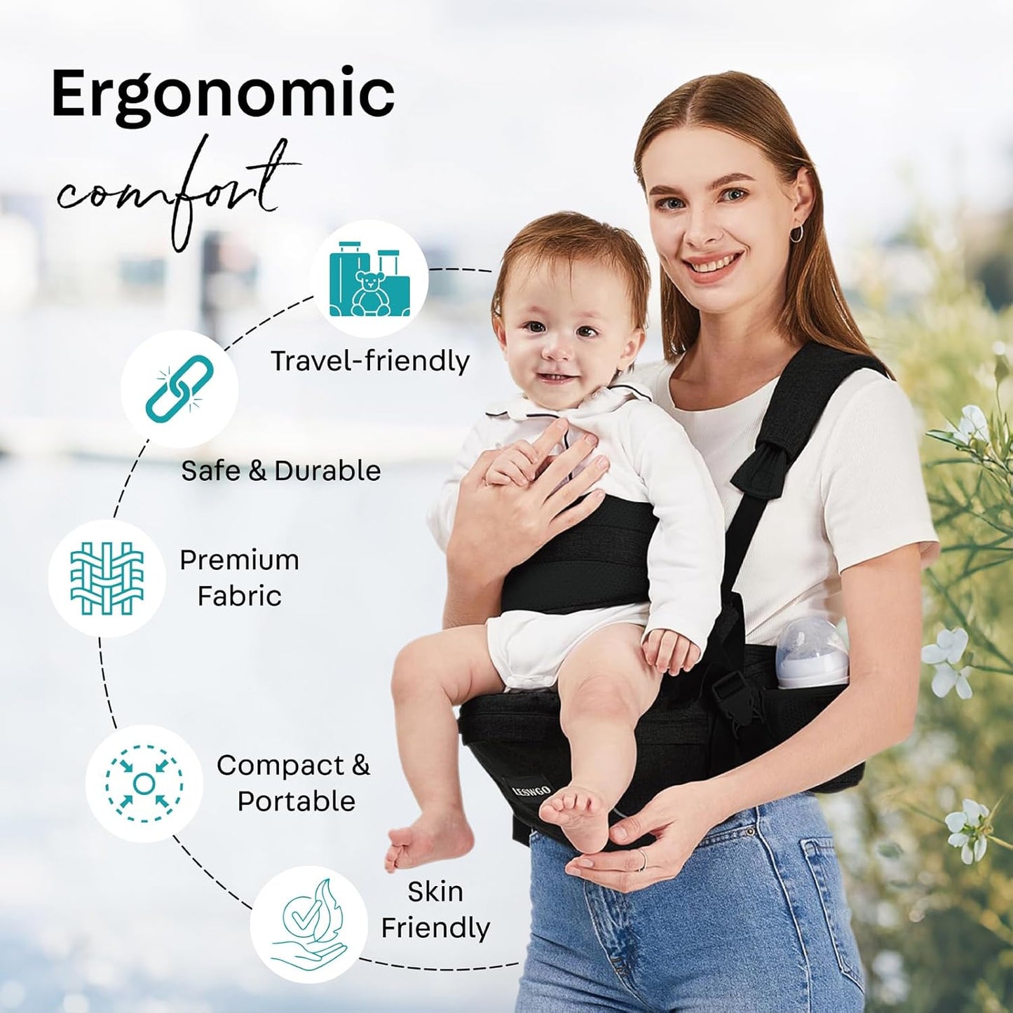 Baby Hip Carrier,Baby Carrier with Shoulder Strap,Adjustable Extended Waistband with Various Pockets-Ergonomic,Baby Carrier for Newborns & Toddlers -Black