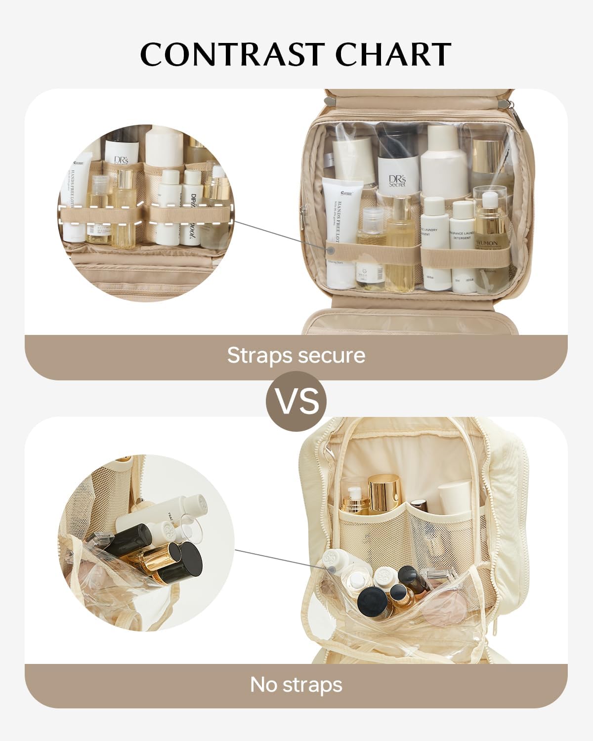 EACHY Hanging Toiletry Bag, Satin 4 Compartments Travel Toiletry Bags for Women, Large Capacity Make Up Organizer Bag with Handle & Compartments (Camel, L)