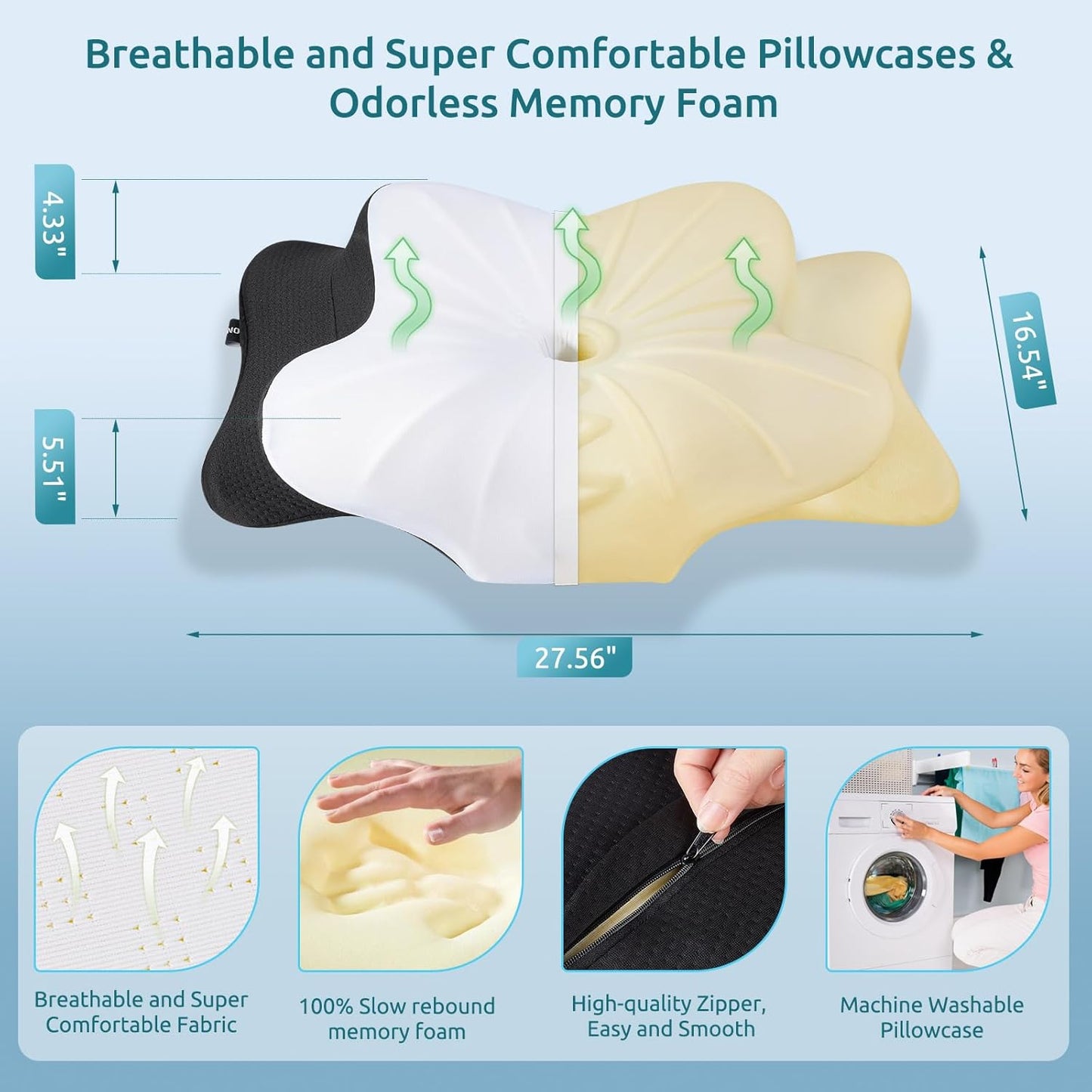 DONAMA Cervical Pillow for Neck and Shoulder,Contour Memory Foam Pillow,Ergonomic Neck Support Pillow for Side Back Stomach Sleepers with Pillowcase-King Size