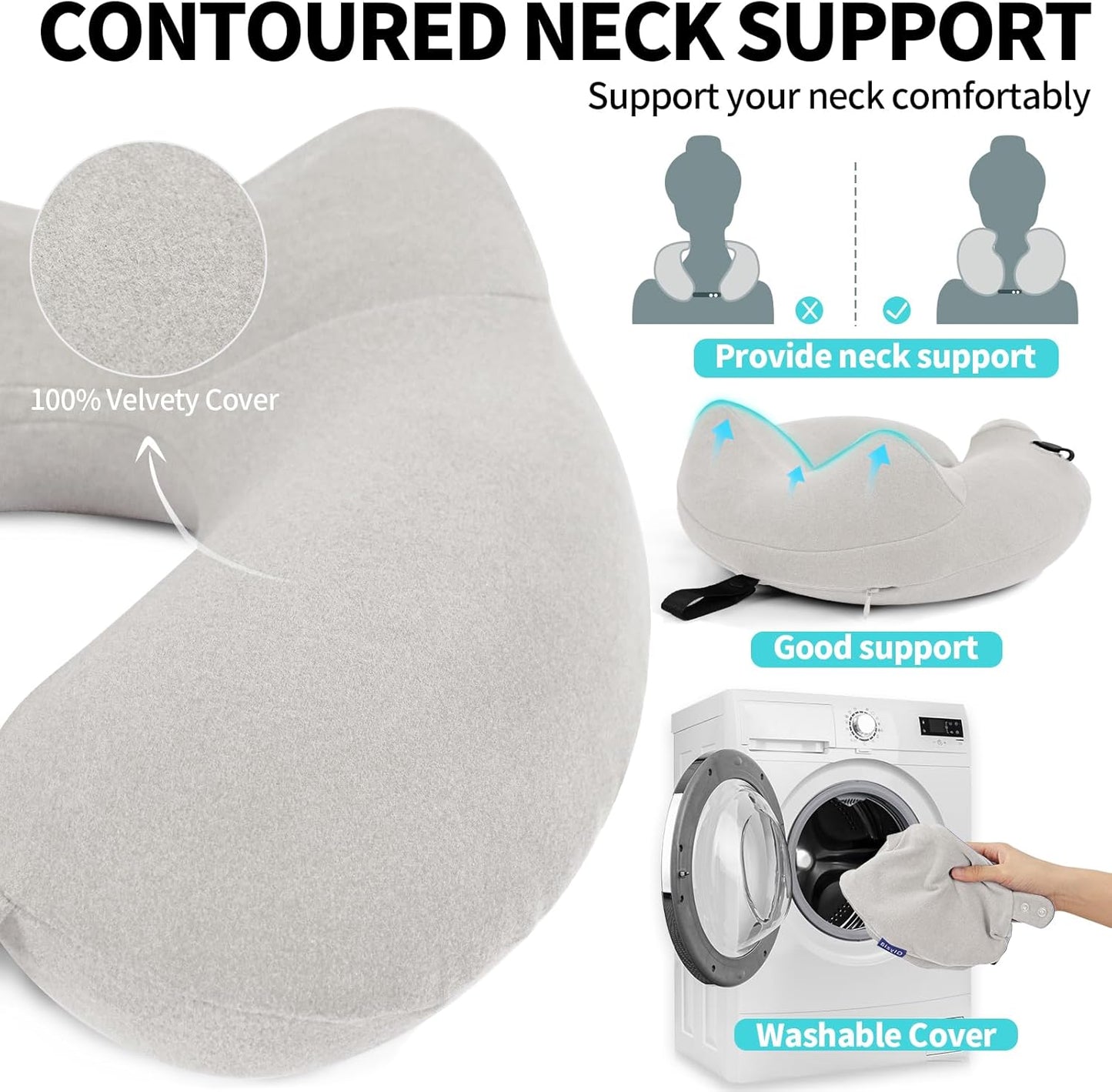 Inflatable Travel Neck Pillow for Airplane, Head Support Velvet Adult Neck Pillow for Long Flight, Kit with Eye Mask, Earplugs and Storage Bag,1, Light Gray