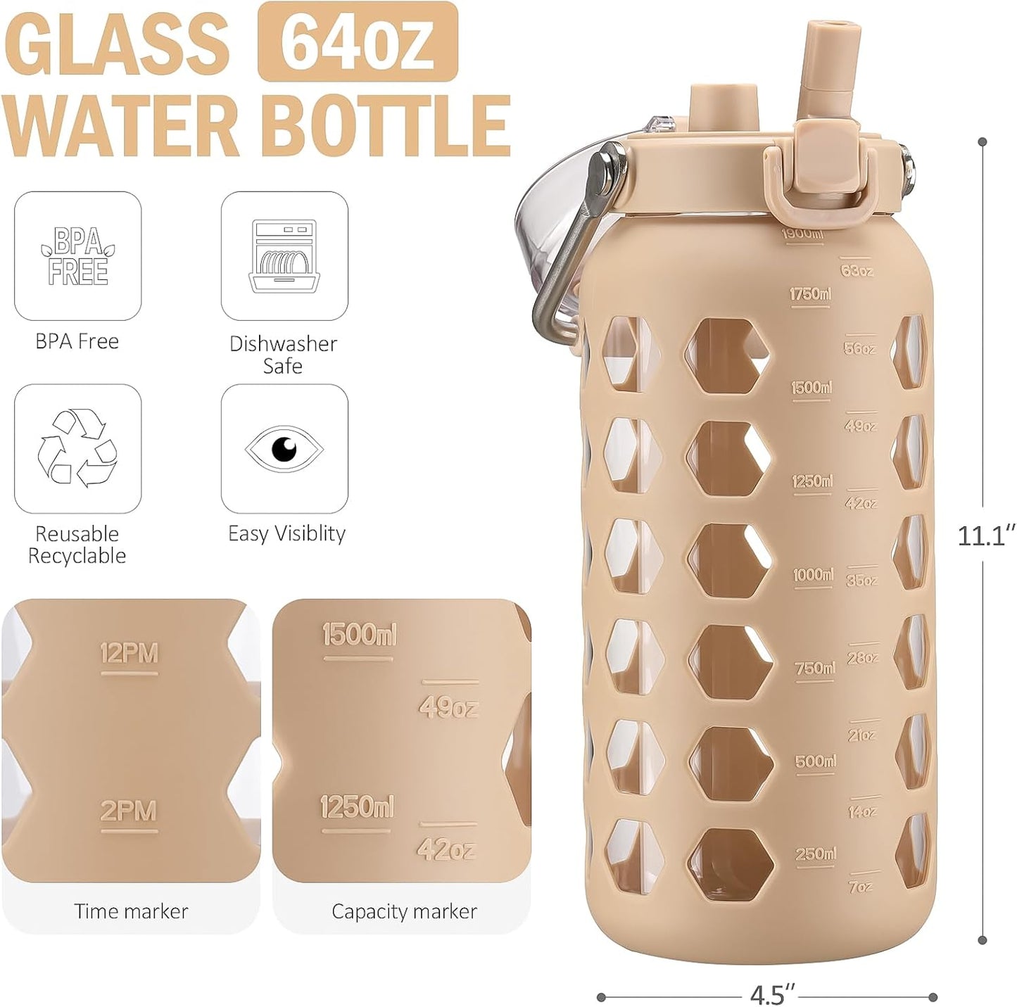 MUKOKO 64oz Glass Water Bottles with Straw and Lid,Half Gallon Water Bottle with Time Marker,Large Glass Water Jug with Silicone Sleeve and Stainless Steel Handle-Amber