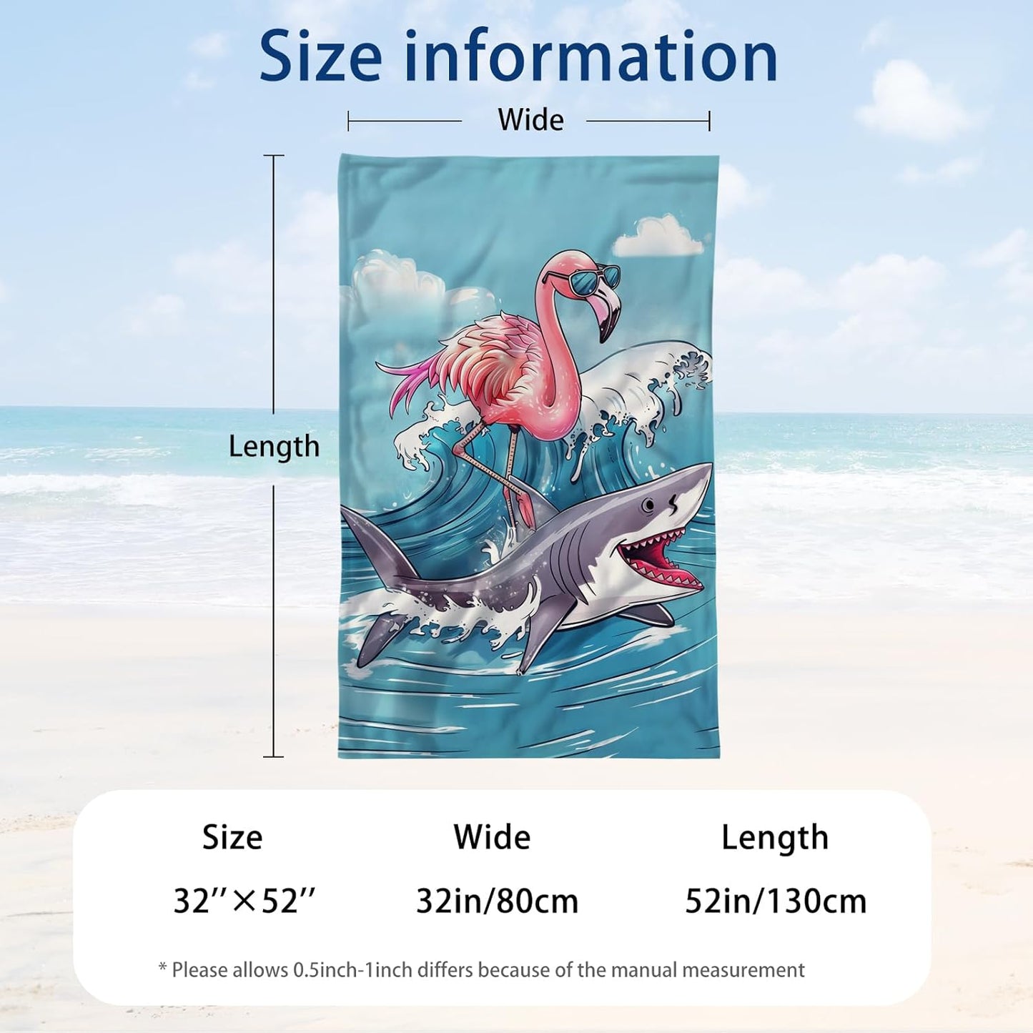 WZOMT Microfiber Flamingo Beach Towel Oversized, Funny Flamingo Riding A Shark Surfing Bath Towels for Kids Adults, Quick Dry Hot Pink Blue Ocean Flamingo Shark Swim Pool Towel 32x52 Inch