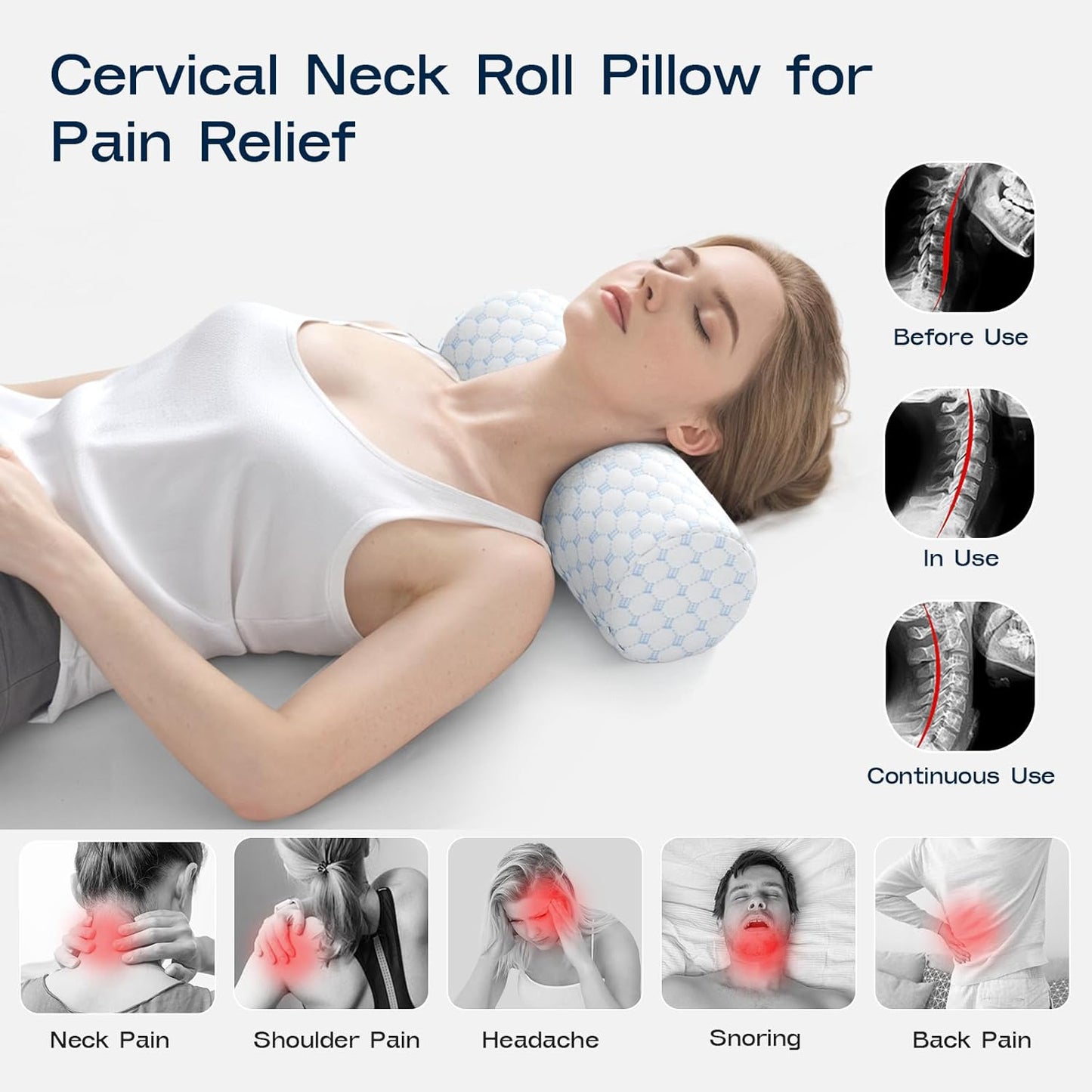 Neck Roll Pillow for Neck Pain Relief - Memory Foam Neck Support Pillow for Bed | Round Neck Pillow for Sleeping, 16 * 6.3 * 6.3inch (Cool-Blue)