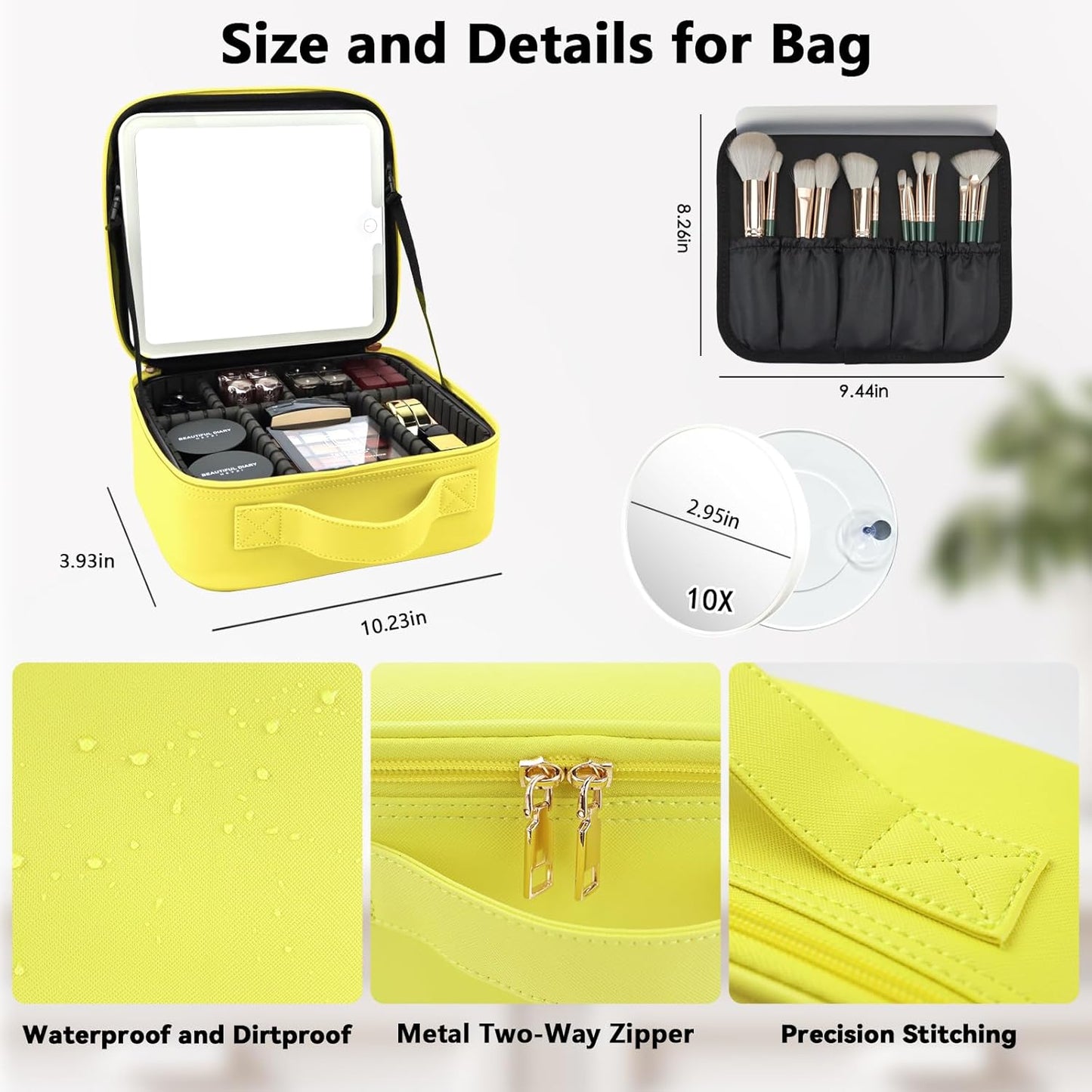 Travel Makeup Bag with LED Mirror and 10x magnifying glass with 3 Lighted Settings, Adjustable Dividers and Makeup Brush Storage Bag Yellow