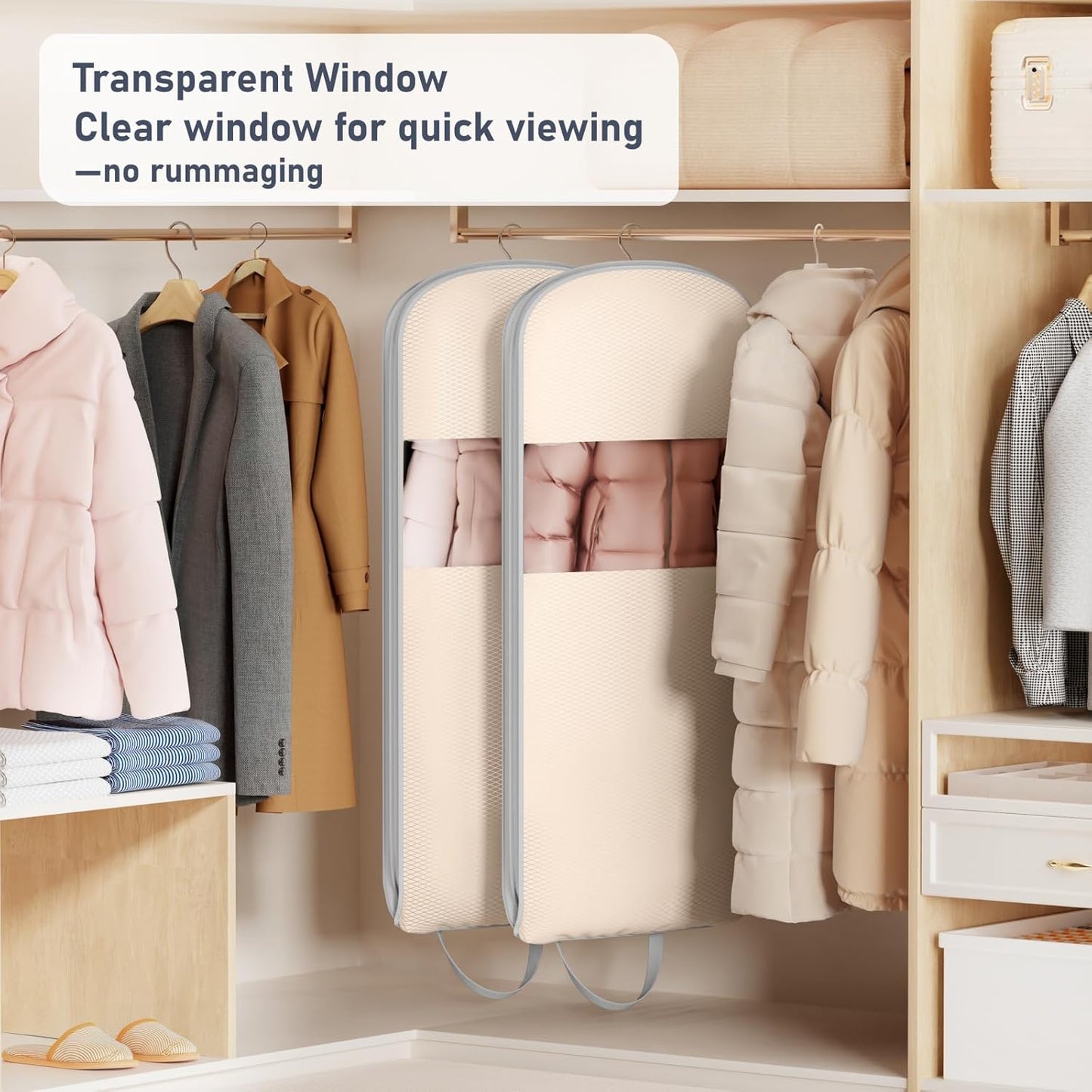 DIMJ 4 Pack 54" Garment Bags for Hanging Clothes - Space Saving Compression Suit Bag Travel with Handles Window, Washable Carry Clothing Storage Cover for Dress, Coats, Down Jacket, Shirts