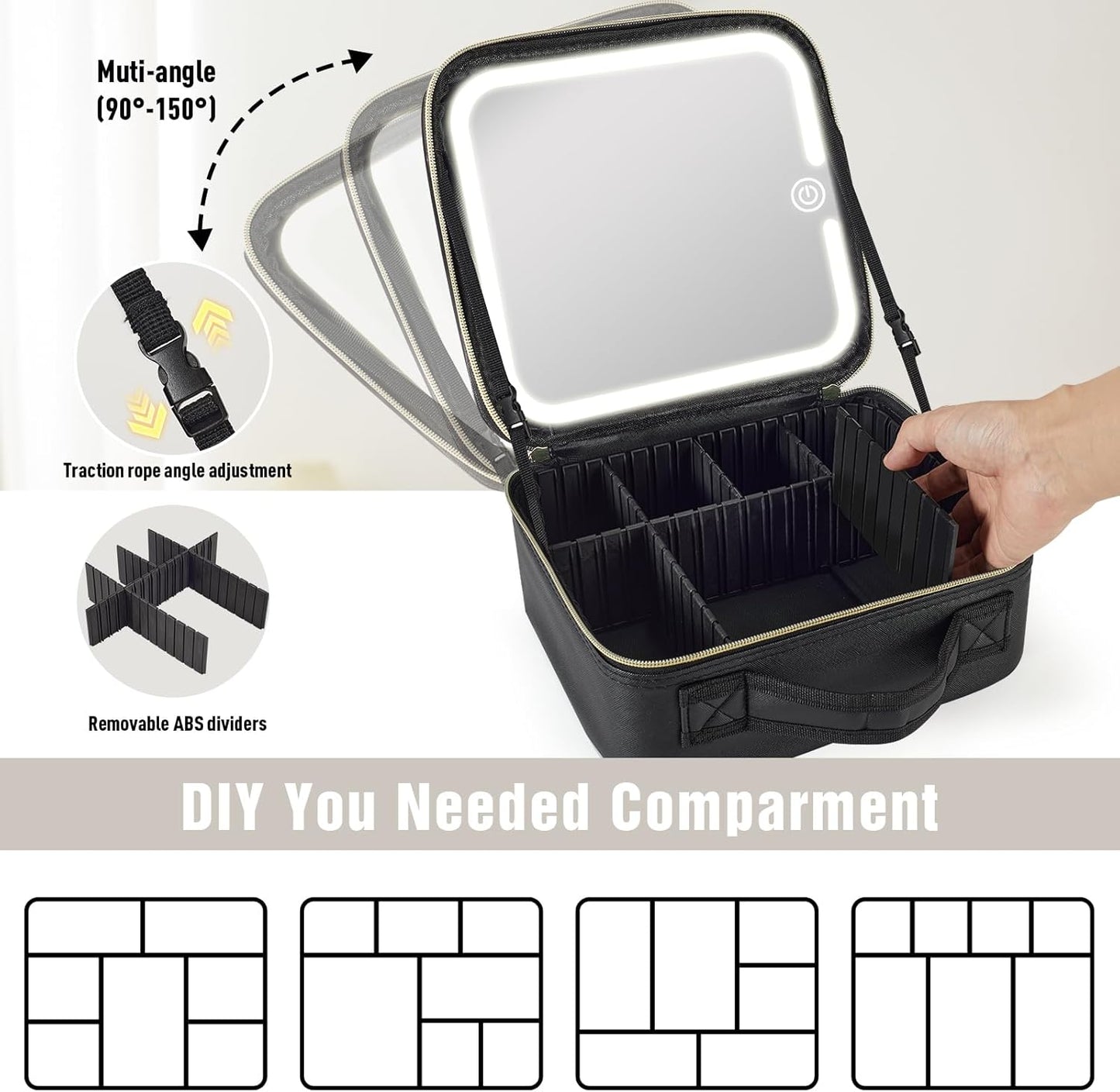 Makeup Bag with Removable Lighted Mirror, Travel Make up Bag with Lights Portable Makeup Case Organizer with Mirror 360° Adjustable Angle, Partitionable Cosmetic Bag Accessories Makeup Train Case Gift