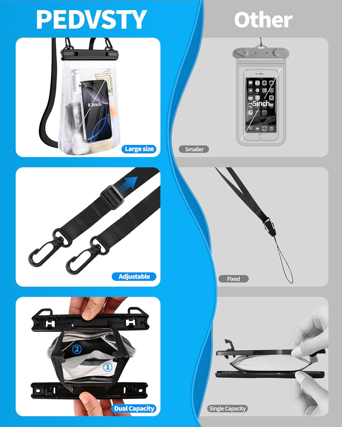 Large Waterproof Phone Pouch - [Oversized] [Floating] Waterproof Pouch for iPhone Galaxy Google and More, IPX8 Waterproof Dry Bag for Beach Vacation Belongings Black