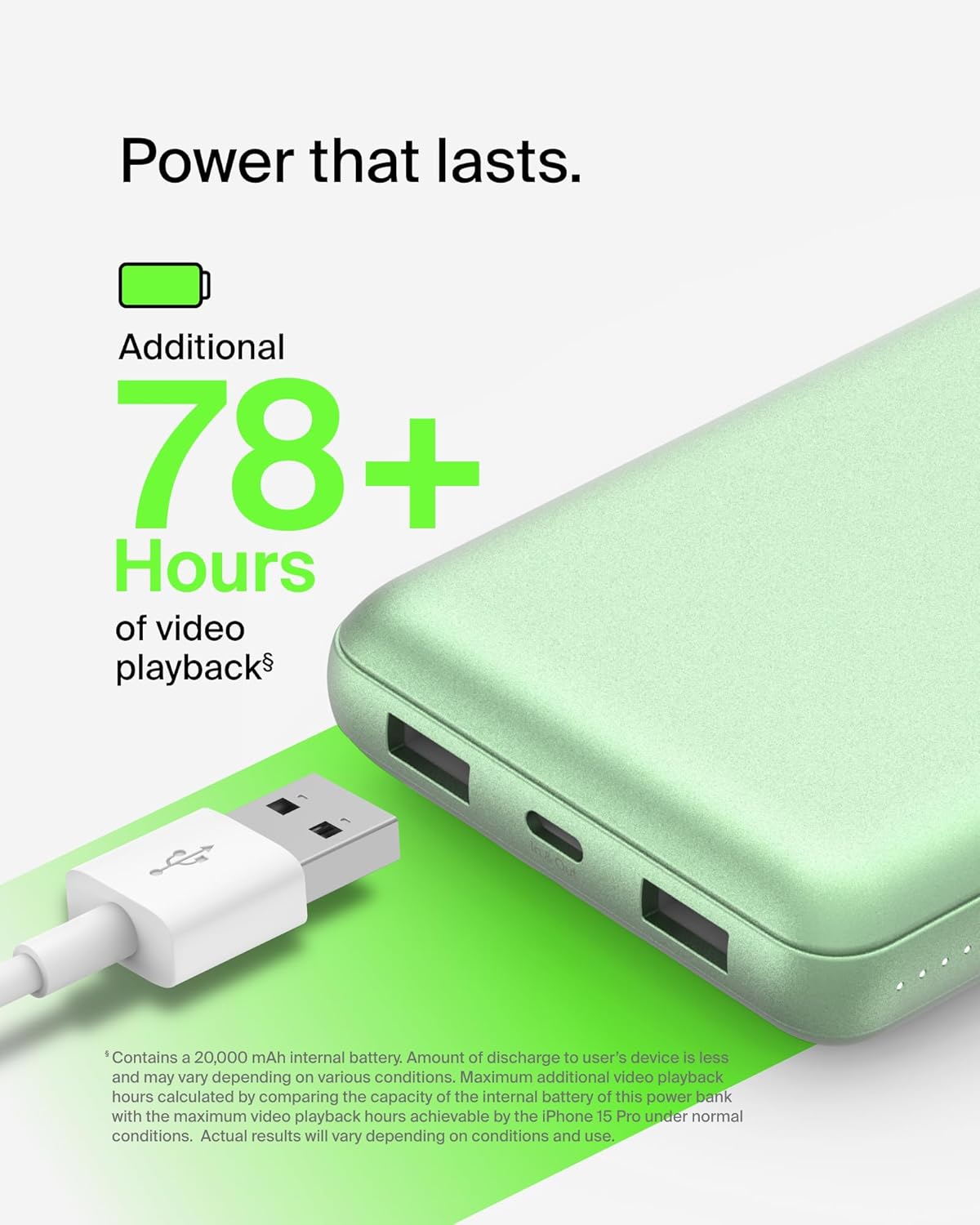 Belkin Portable Charger, USB-C Power Bank 20000 mAh w/ 2X USB-A Ports, 15W w/Type-A to Type-C Cable for iPhone 16, 15, Samsung Galaxy S25, iPad, Nintendo Switch 2, Google Pixel 10, etc. - Green