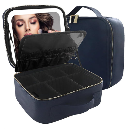 MOMIRA Travel Makeup Bag Cosmetic Bag Makeup Organizer Bag with Lighted Mirror, Adjustable Brightness in 3 Color Scenarios, Waterproof Makeup Train Case, Gift for Women - Royal Blue