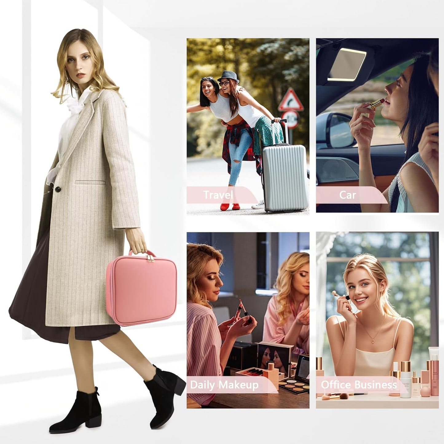 Travel Makeup Bag for Makeup Artists Large Makeup Case,with Mirror 3 Color Setting and Detachable 10x Magnifying Mirror Travel Makeup Bag,Portable Storage and Adjustable Dividers（pink）