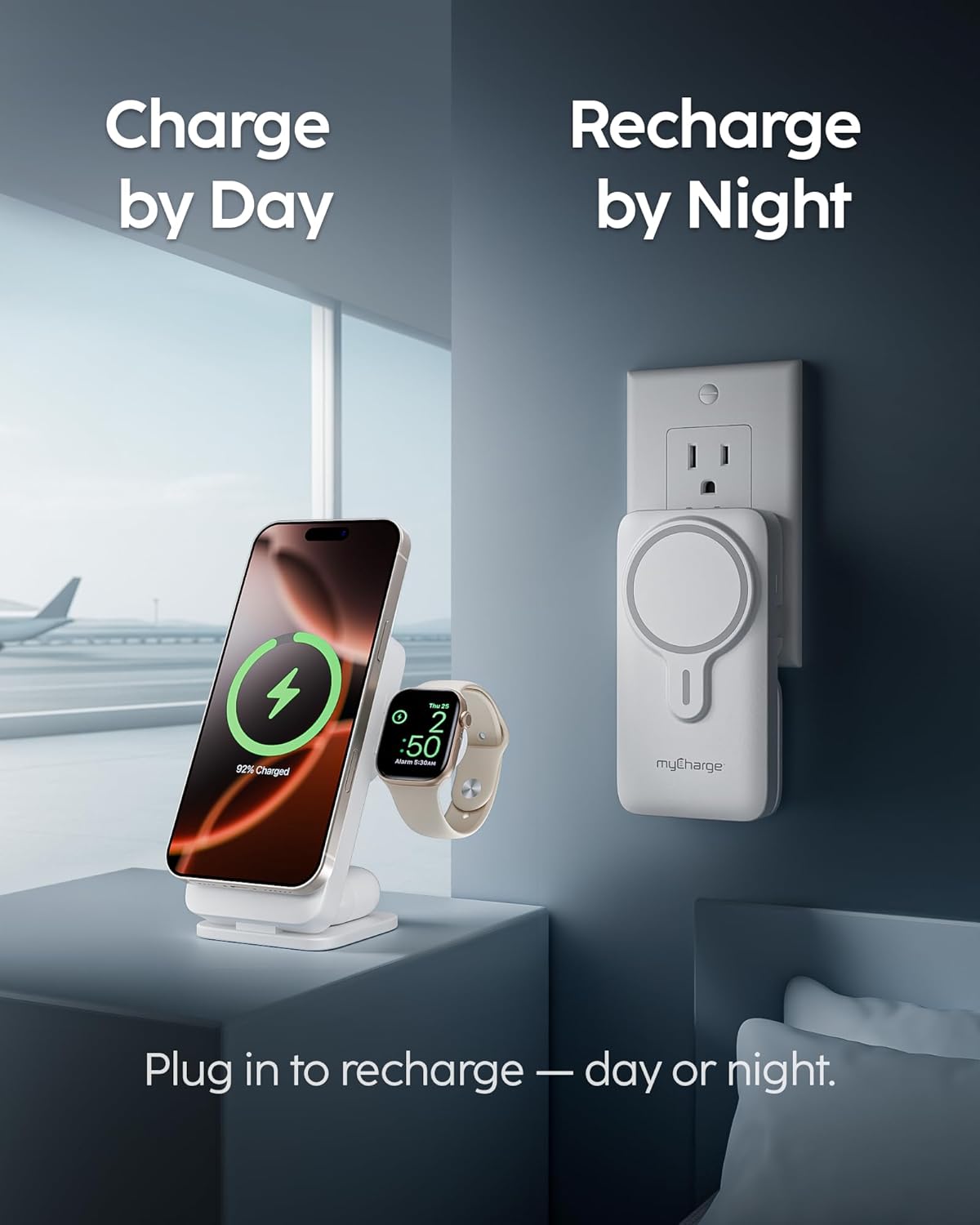 myCharge EcoHub 3 in 1 Apple Charging Station & Magsafe Battery Pack | Wireless Charger for iPhone, iWatch, AirPods | Magnetic Portable Charger with Wall Plug | Travel-Ready & Foldable