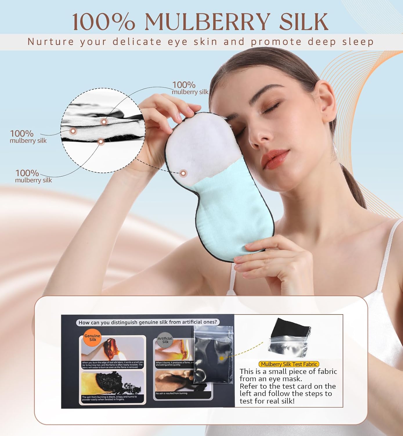 HiRui Silk Sleep Mask, 100% Natural Mulberry Silk of Double-Sided & Inner-Filling, Ultra-Smooth Soft, Adjustable Strap, Blocks Light for Night Sleeping, Travel, Office Naps (Light Blue)