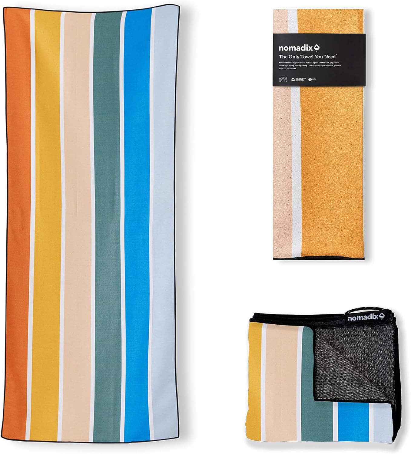 Nomadix Original Towel - Perfect for Beach, Pool, Travel, Camping, Yoga - Made with Recycled Materials - Super Absorbent - Sand Resistant - Stripes Retro - 72.5" x 30"