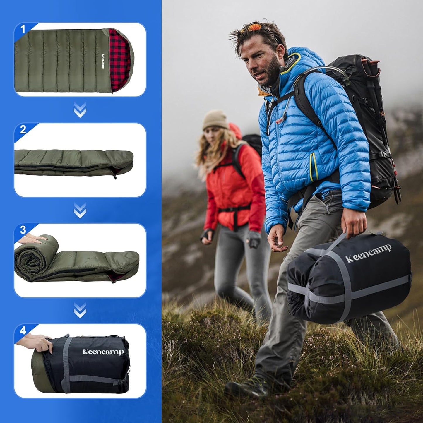 0 Degree Sleeping Bag Cotton Flannel Winter Cold Weather for Adults XXL Sleeping Bag 4 Season Big and Tall with Pillow Compression Sack