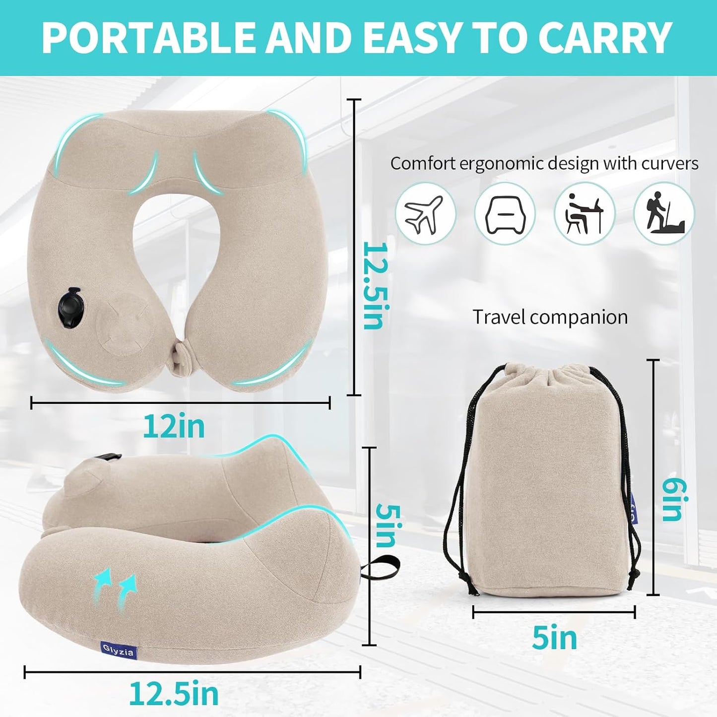 2 Pack Inflatable Travel Neck Pillows for Airplanes, Head Support Velvet Adult Neck Pillows for Long Flight, Kit with Eye Mask, Earplugs and Storage Bag, 2, Beige