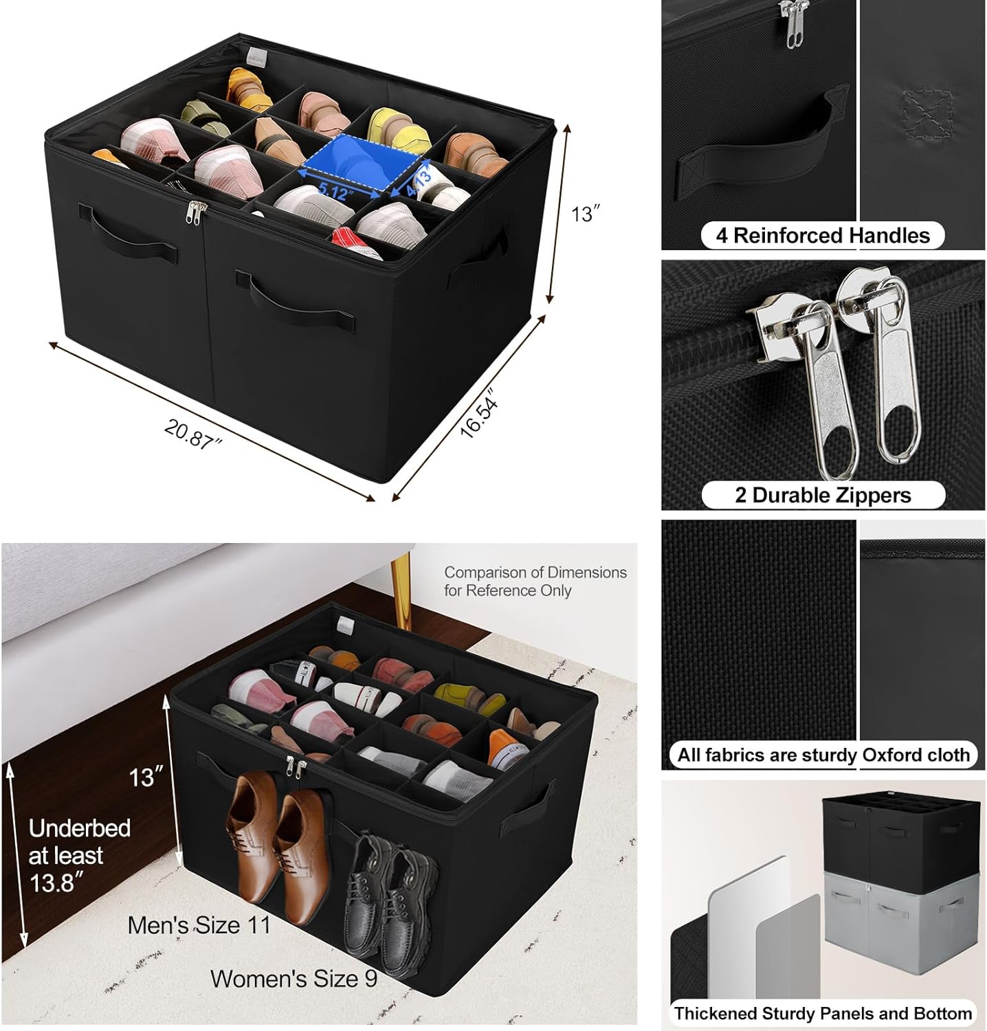 Shoe Organizer for Closet, Foldable Shoe Box with Adjustable Dividers and Clear Cover, Space Saving Shoe Storage Organizer Cabinet with Reinforced Handles, Fits 16 Pairs, Black, TP09B