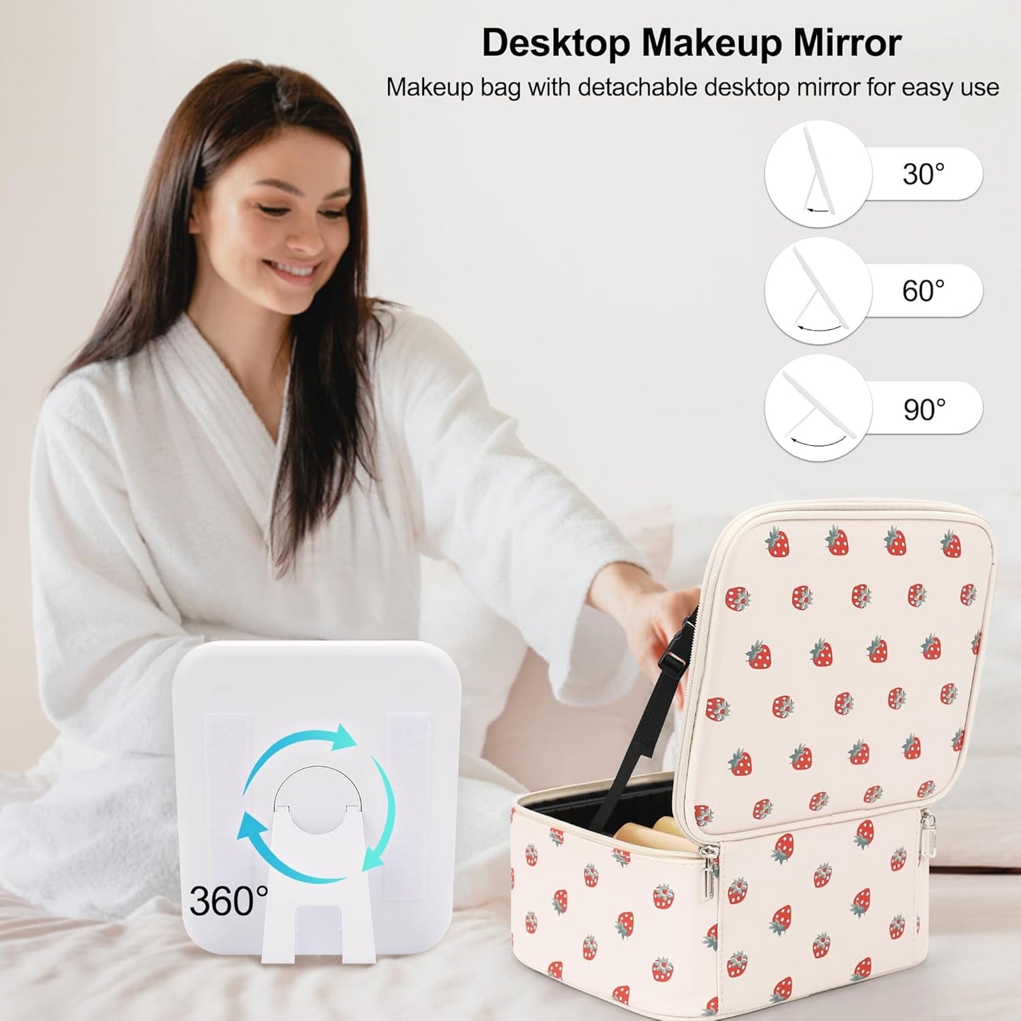 Makeup Bag With LED Mirror, Travel Makeup Case with Light up Mirror Fashion Cute Cosmetic Bag with 3 Color Lighted Portable Organizer Case with Adjustable Dividers （Strawberry/Beige,Small）