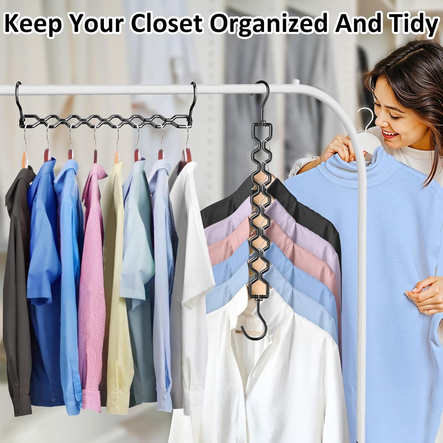 6 Pack Space Saving Hangers for Clothes, Heavy Duty 30Lbs Capacity Magic Clothes Space Saver Sturdy Metal Hanger Organizer with 360° Swivel Hook, Closet Organizers Storage Dorm Essentials Black