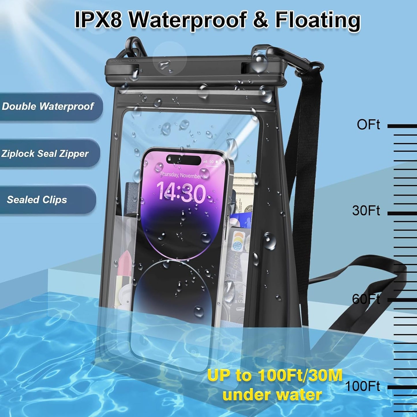 Large Waterproof Phone Pouch Floating, Waterproof Phone Case for iPhone 15 14 Pro Max 13 Plus 12 11 X XS XR Samsung S23 S22 up to 8.5'', Water Proof Phone Dry Bag for Swimming Kayaking Black