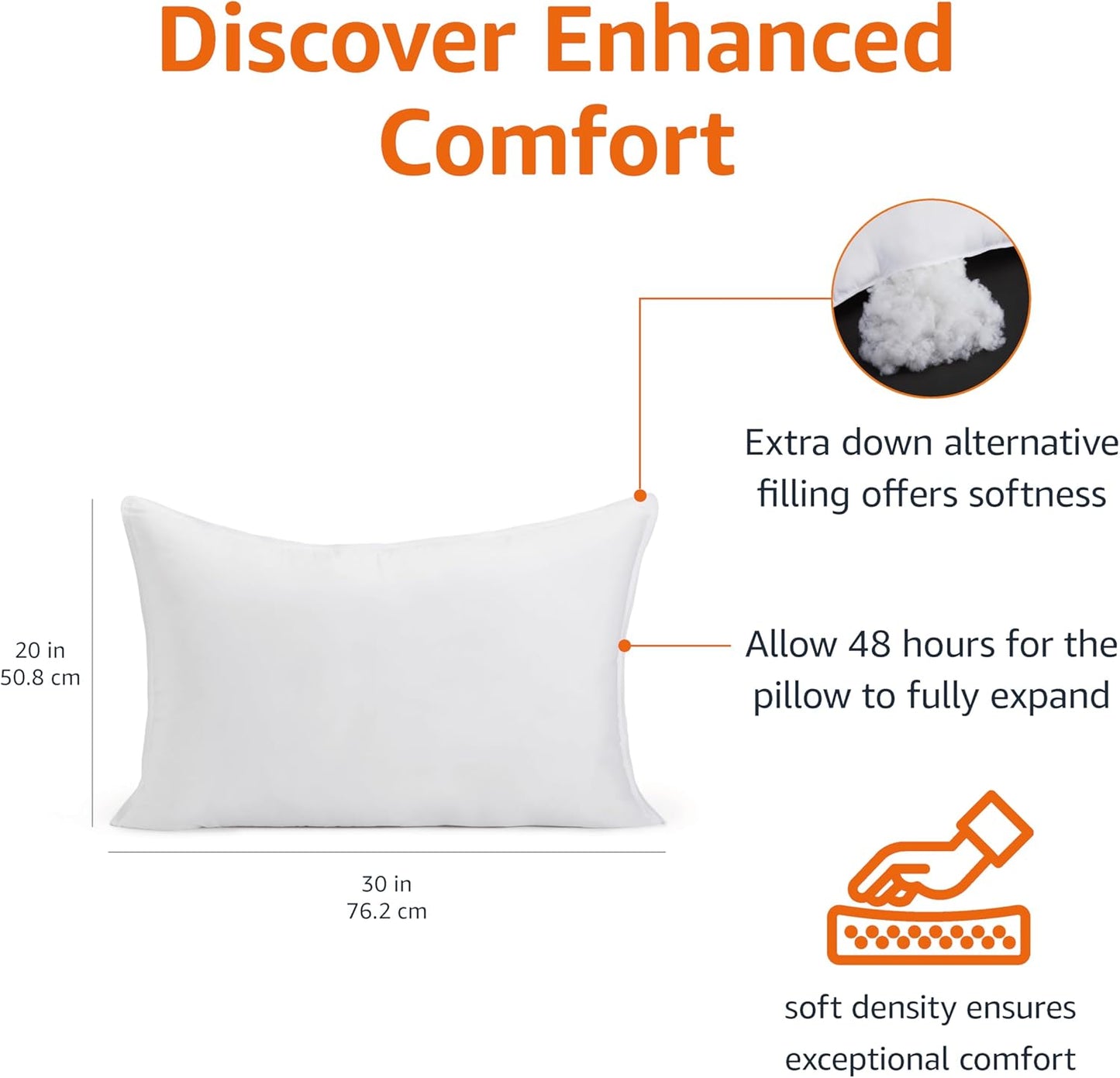 Amazon Basics Down Alternative Pillows, Soft Density for Stomach and Back Sleepers, Queen - Pack of 2, White, 30 in L x 20 in W