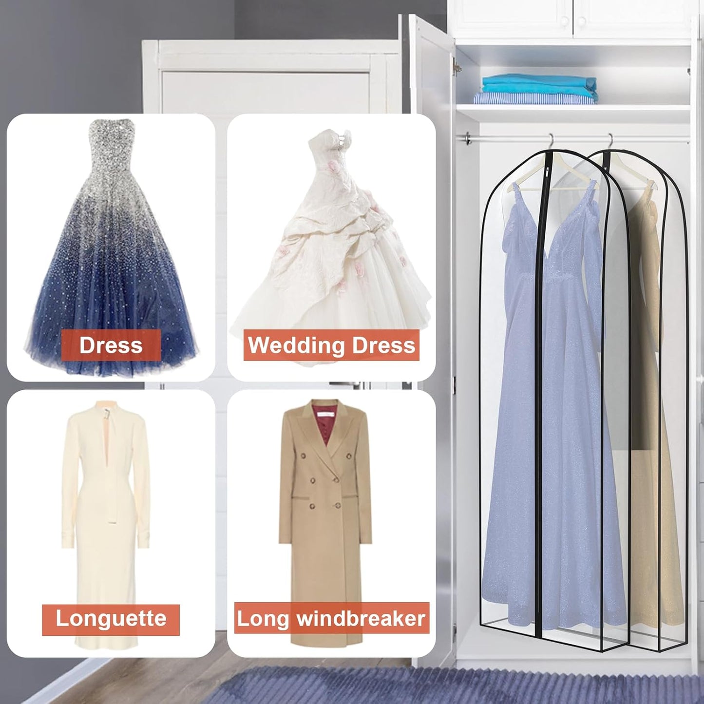 Zilink Breathable Dress Bags for Gowns Long 72” Wedding Dress Storage Bags Silky Dress Bags for Closet Storage with 7" Gussted Wrinkle Free for Long Evening Dresses Puffy Dress Storage, Set of 2