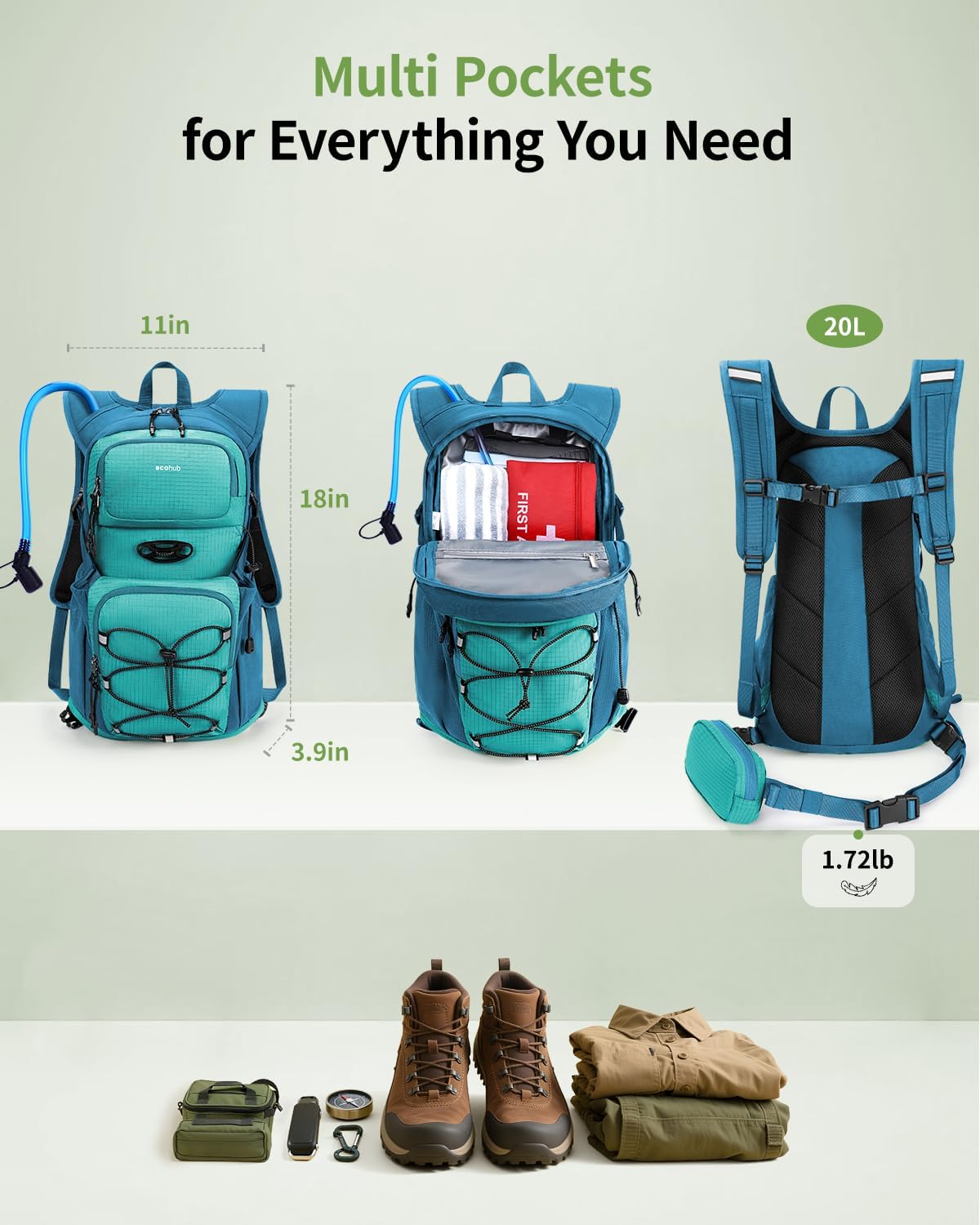 ECOHUB Hydration Backpack for Men Women, 20L Lightweight Hiking Daypack Cycling Backpack with 2L Water Bladder, Insulated Hydration Pack with Waist Pack