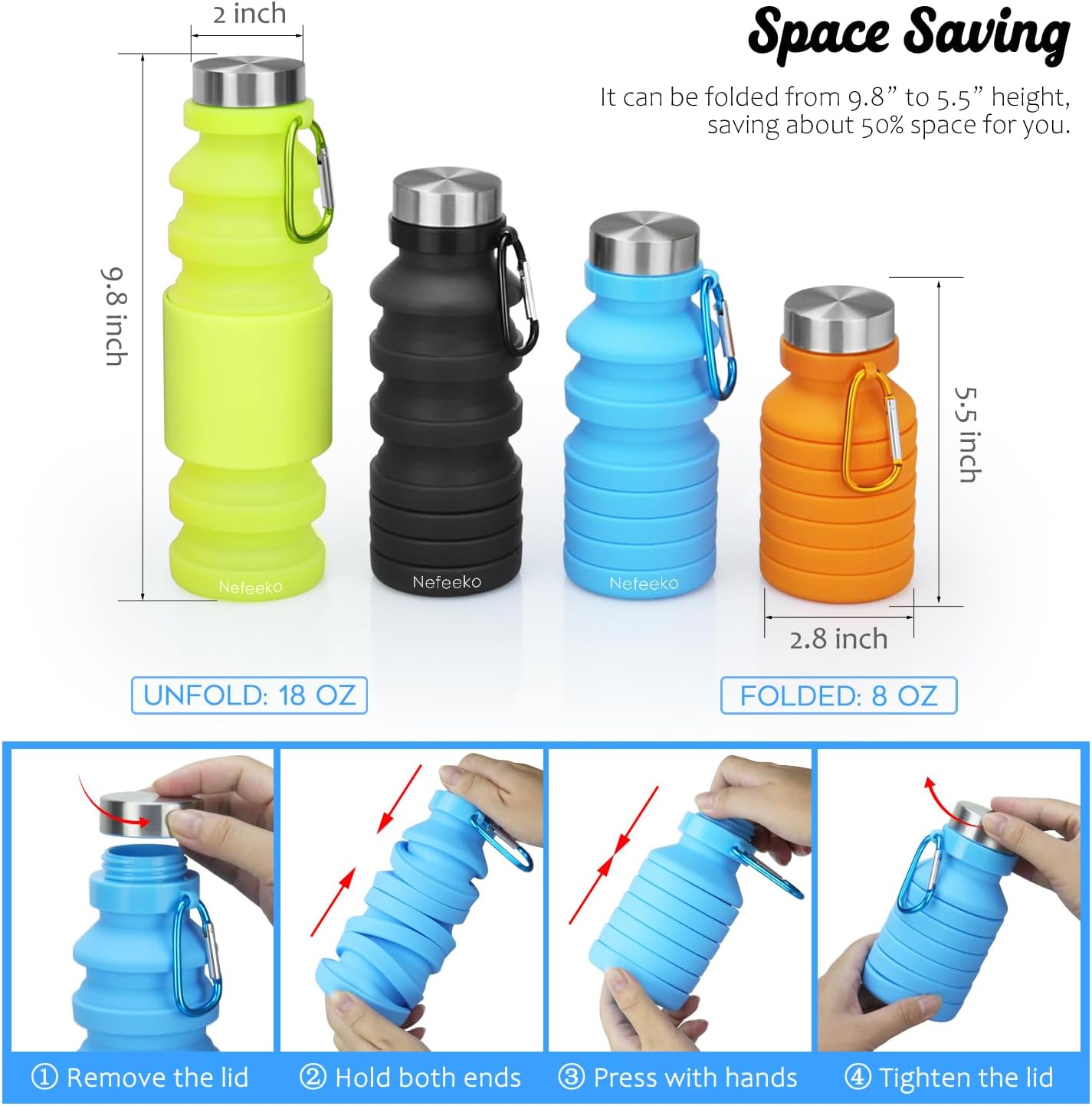 Nefeeko Collapsible Water Bottle, Reuseable BPA Free Silicone Foldable Water Bottles for Travel Gym Camping Hiking, Portable Leak Proof Sports Water Bottle with Carabiner
