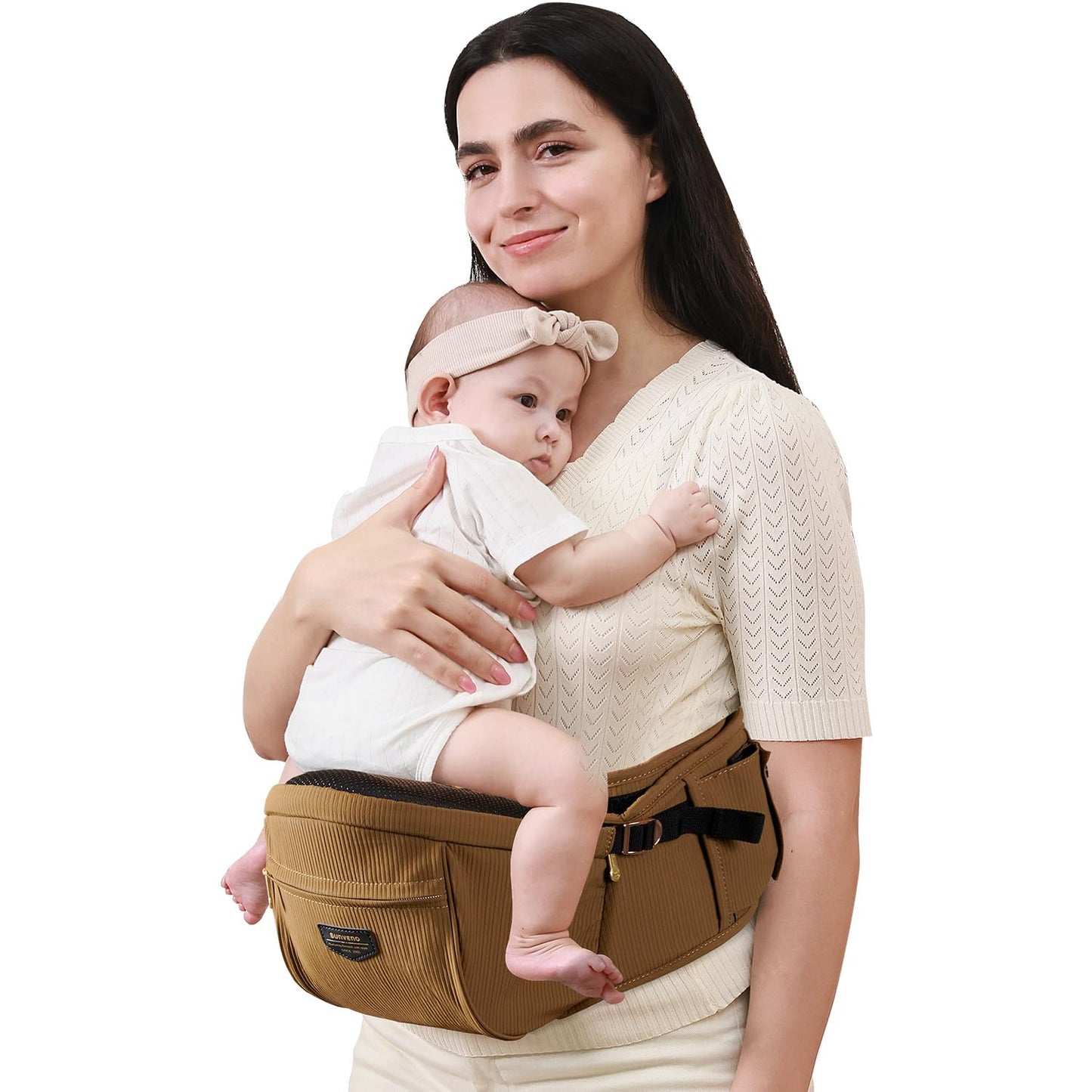 Sunveno Hip Baby Carrier with Seat,Ergonomic Baby Hip Carrier, Front-Facing Baby Holder, Anti-Slip Seat Surface, Wide and Adjustable Waistband,Multiple Pockets, Newborn to Toddler up to 45lbs, Brown
