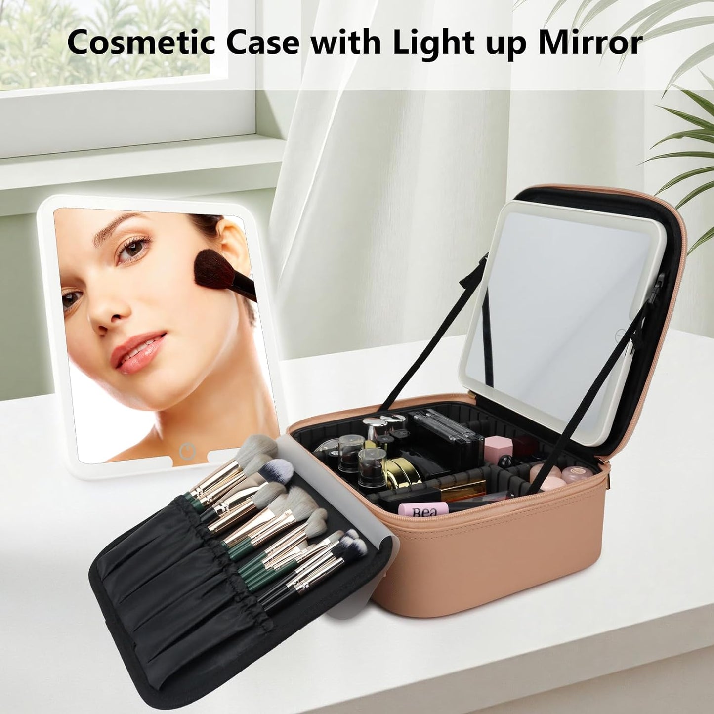 Travel Makeup Bag with LED Mirror Travel Makeup Organizer with 3 Lighted Settings, Adjustable Dividers and Makeup Brush Storage Bag Khaki