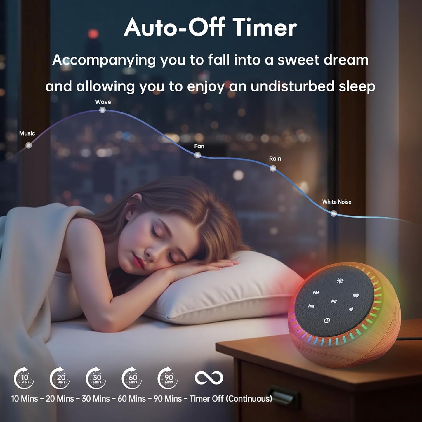 DreamSky Sound Machine for Sleep, White Noise for Sleeping Adults & Baby, Brown Noise Fan for Office Privacy & Noise Canceling, 26 Sounds & RGB Light, USB-C Powered for Home Travel, Wood Grain