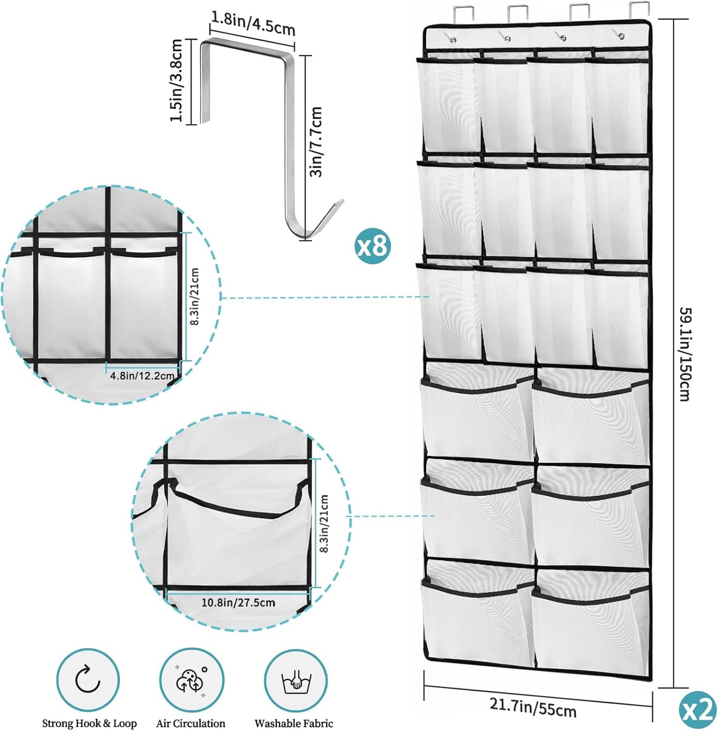 2 Packs Over the Door Shoe Organizer, 24 Extra Large Mesh Pockets Hanging Shoe Boots Rack Holder, Closet Hanging Organizers for Storage Sneakers High Heeled Shoes Slippers (White)
