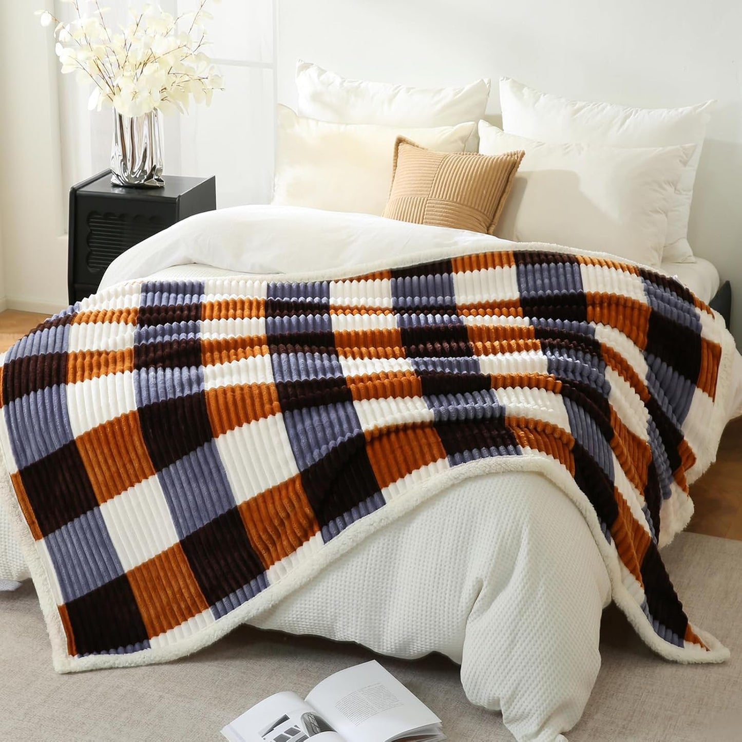 PU MEI Sherpa Blanket Twin Plaid Thick Bed Blanket, 80”*90” Super Soft Flannel Fuzzy Fleece Reversible Velvet Plush Warm Blanket for Couch (Brown Orange Check)