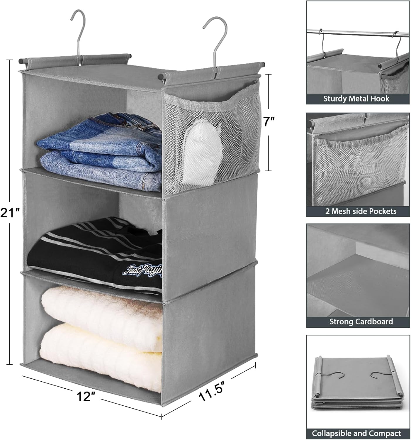MAX Houser 3 Tier Shelf Hanging Closet Organizer, Space Saver,Closet Hanging Shelf with 2 Sturdy Hooks for Storage, Foldable (Grey)