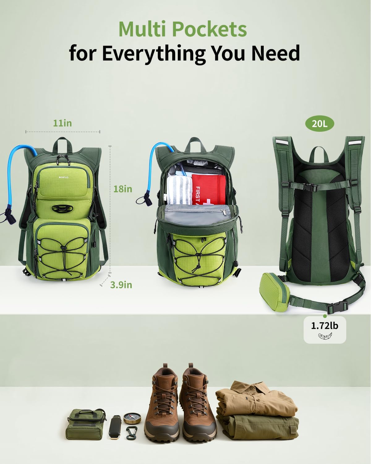 ECOHUB Hydration Backpack for Men Women, 20L Lightweight Hiking Daypack Cycling Backpack with 2L Water Bladder, Insulated Hydration Pack with Waist Pack