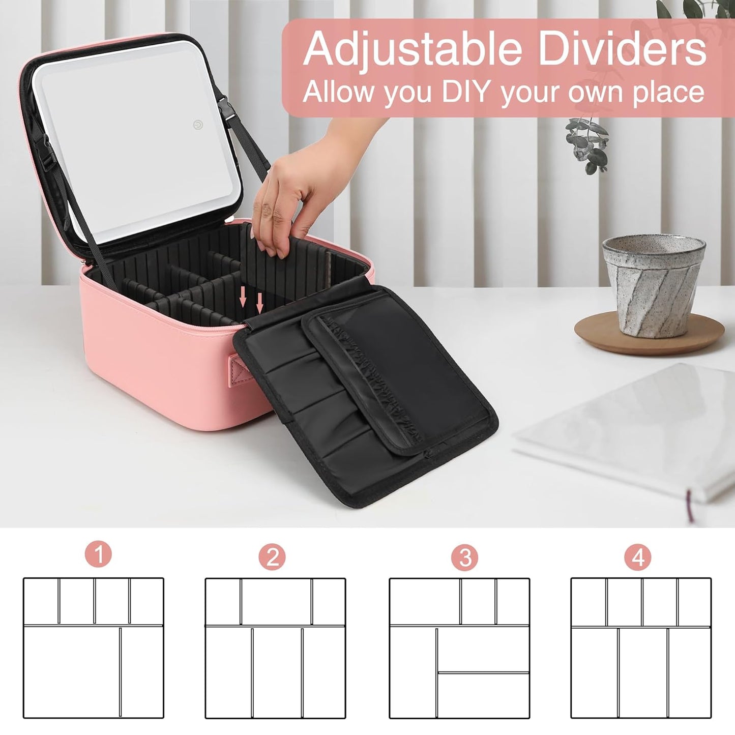 Relavel Travel Makeup Bag With LED Mirror Portable Travel Makeup Organizer 3 Color Adjustable Brightness Waterproof Cosmetic Train Case with Removable Dividers Makeup Storage for Women, Pink