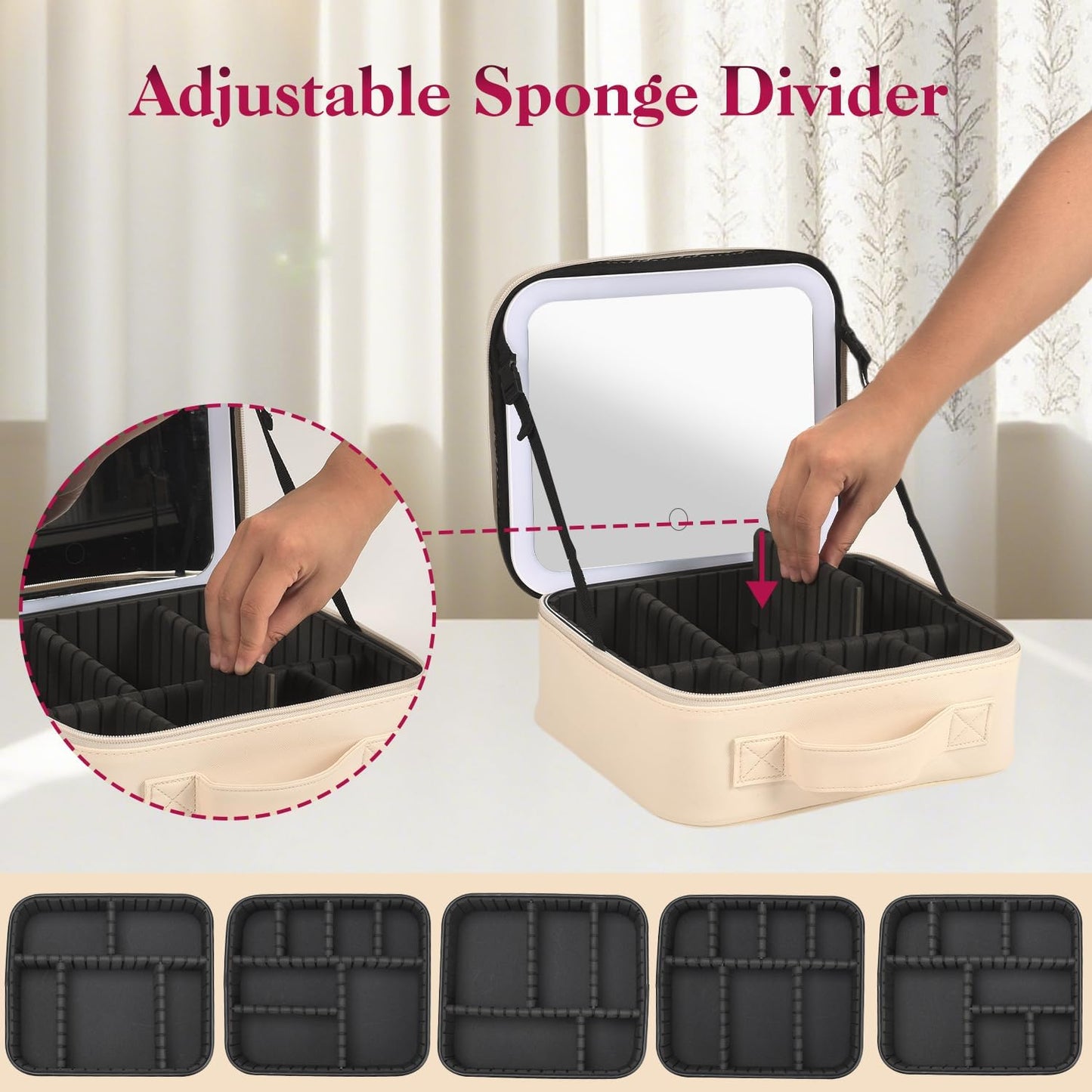 Travel Makeup Bag With LED Mirror,Makeup Travel Train Case with 3 Color Setting,Cosmetic Makeup Organizer Bag with Adjustable Dividers,Portable Make up Bag with Makeup Brush Holder Storage（Beige）