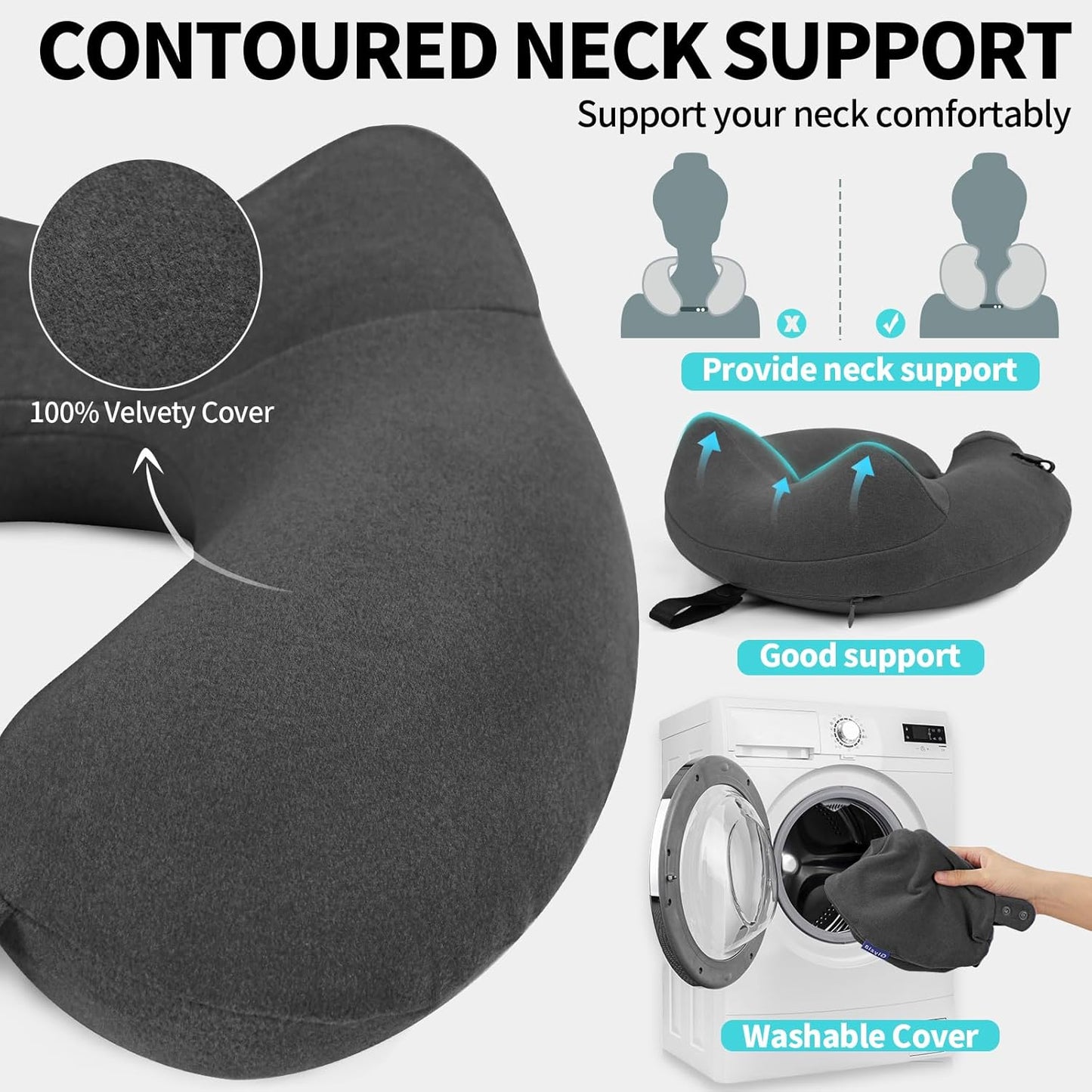 2 Pack Inflatable Travel Neck Pillows for Airplanes, Head Support Velvet Adult Neck Pillows for Long Flight, Kit with Eye Mask, Earplugs and Storage Bag, 2, Dark Gray