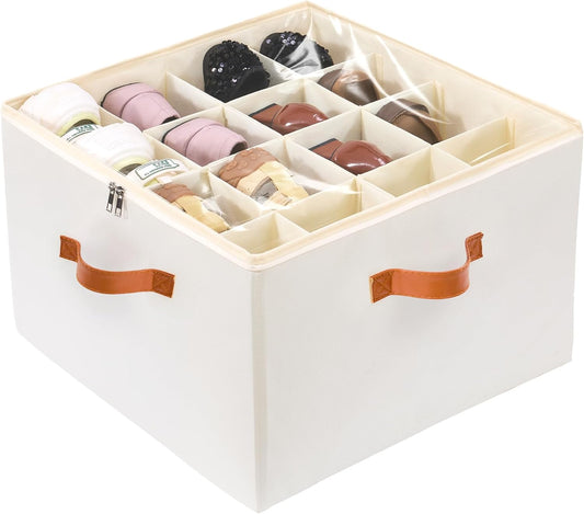 Shoe Organizer for Closet, Fits up to 16 Pairs Shoe Storage, Clear Foldable Shoe Containers Boxes Bins Baskets with Adjustable Dividers and Clear Cover White