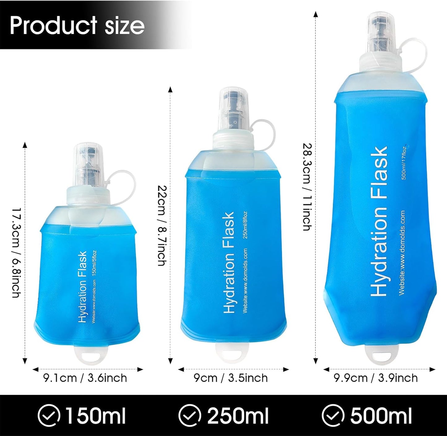 GYGYL Soft Flask, TPU Collapsible Soft Water Bottle for Hydration Pack, Running Vest, Leak-Proof Folding Water Bottle for Hiking Cycling Climbing Jogging-250ml Blue, 2pcs