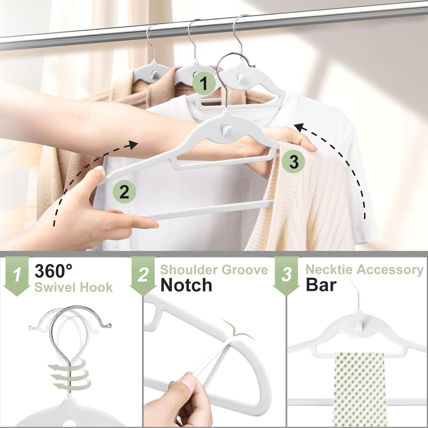 Velvet Felt Stackable Hangers 50 Pack, Non Slip, with 360°Swivel Hook, Ultra Thin and Space Saving for Suits, Shirts, Coats, 15Lbs Capacity Heavy Duty, White