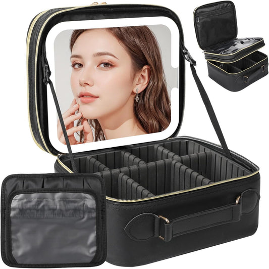 Travel Makeup Bag with LED Mirror Double Layer, Detachable Vanity Mirror with Lights, Tri-light Dimmable, Makeup Case with Adjustable Dividers and Brush Holder Cosmetic Organizer Storage Box